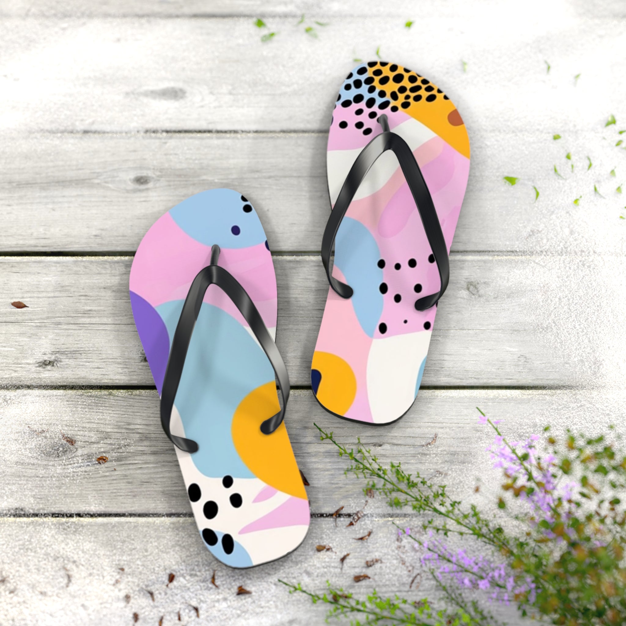 Colorful Abstract Dots and Shapes Flip Flops, Artsulli - Art is Long, Life is Short, Shoes, , , , , , , 
