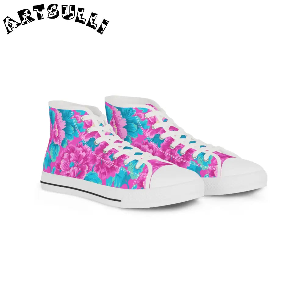 80s Dreamscape Floral Men's High Top Sneakers, Artsulli - Art is Long, Life is Short, Shoes, Size, US 5, Color, White sole, , , 14726169435173182698