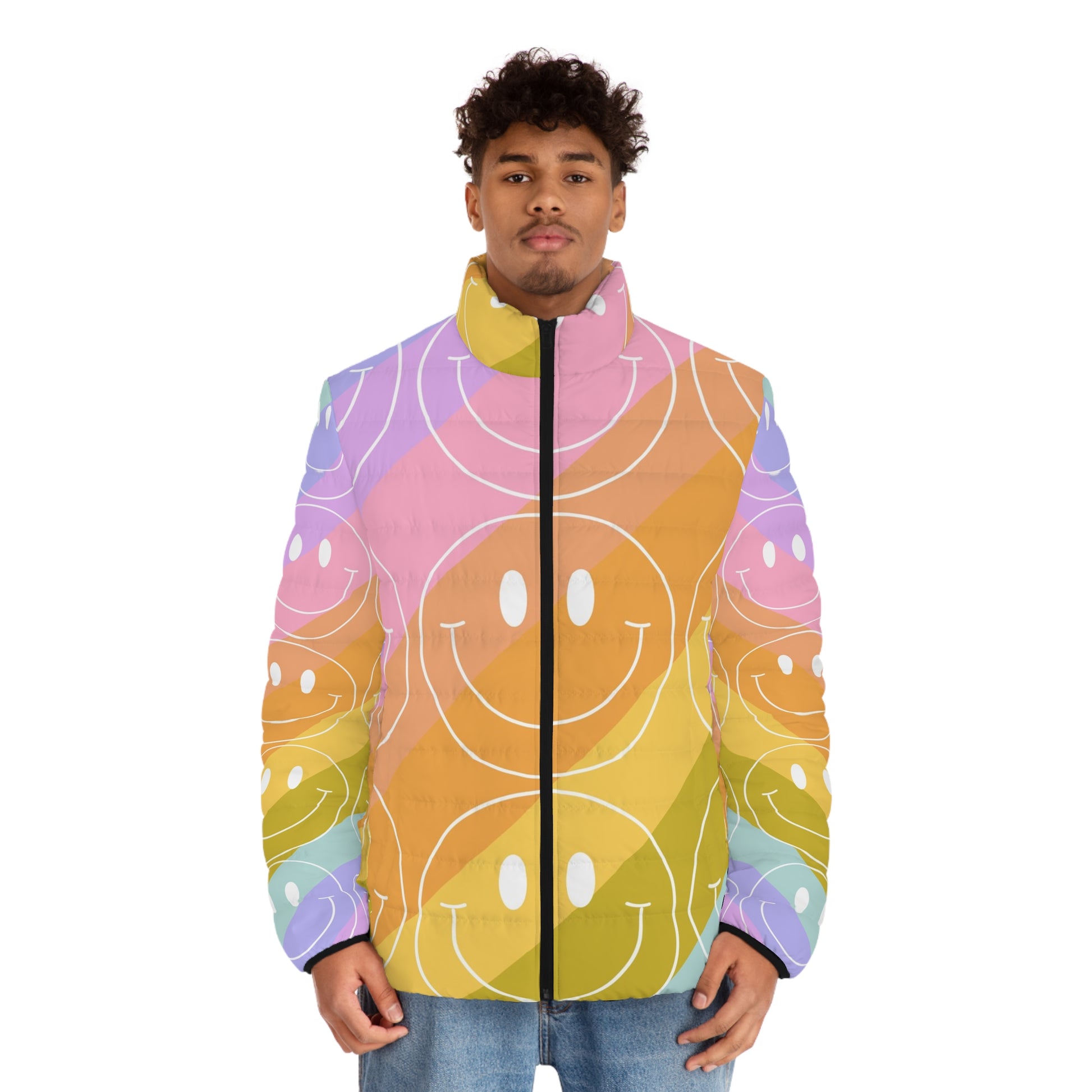 Smiley Face x Rainbow Stripes Multi-Color Men's Puffer Jacket (AOP), Artsulli - Art is Long, Life is Short, All Over Prints, , , , , , , 