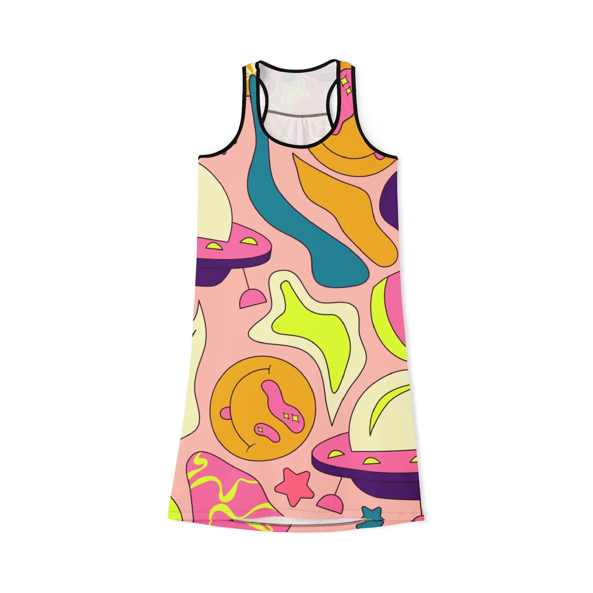 Trippy Spaceships Pink Women's Racerback Dress (AOP), Artsulli - Art is Long, Life is Short, Tank Top, Size, XS, Color, Black, , , 14095505901695