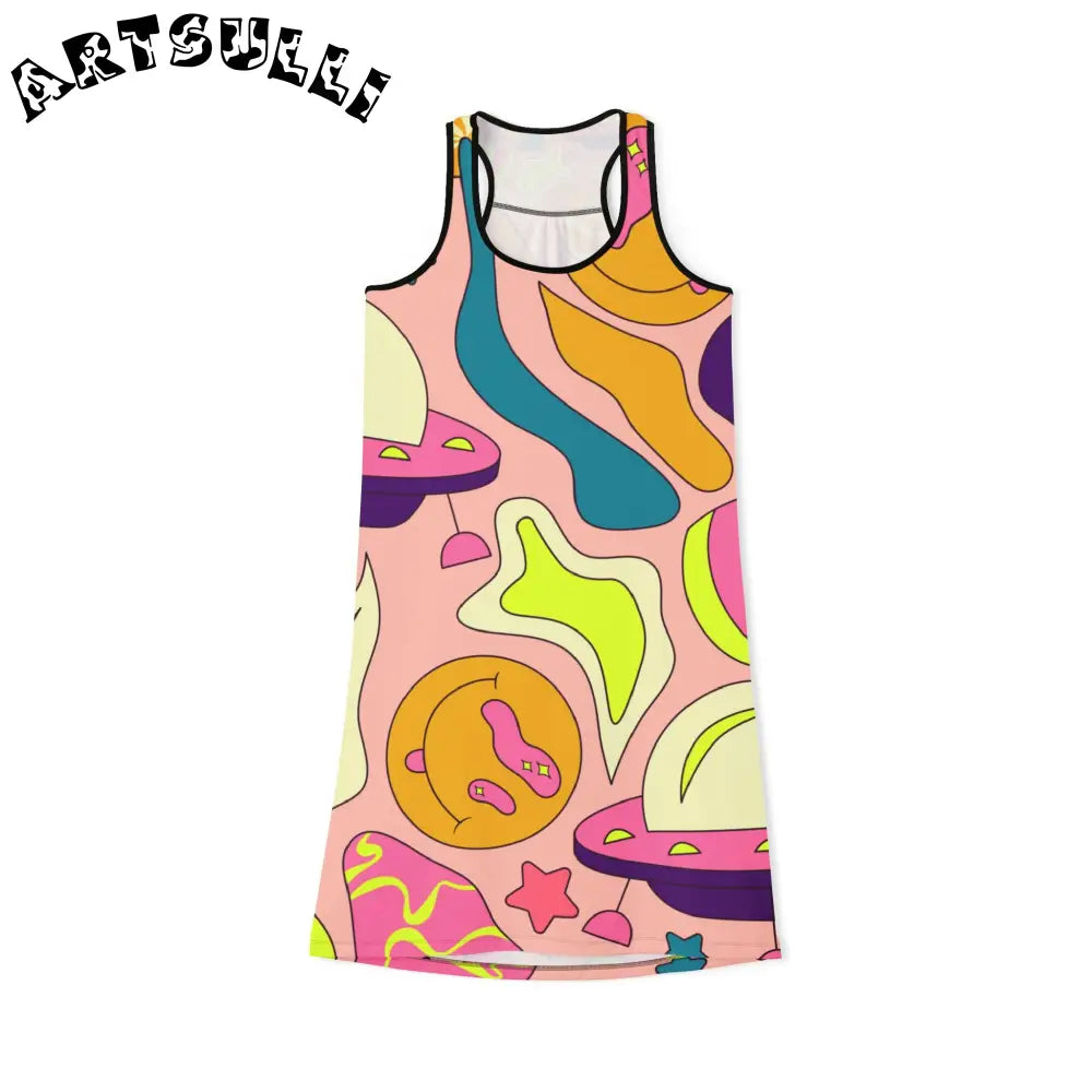 JAKKOUTTHEBXX Trippy Spaceships Pink Women’s Racerback Dress (AOP)