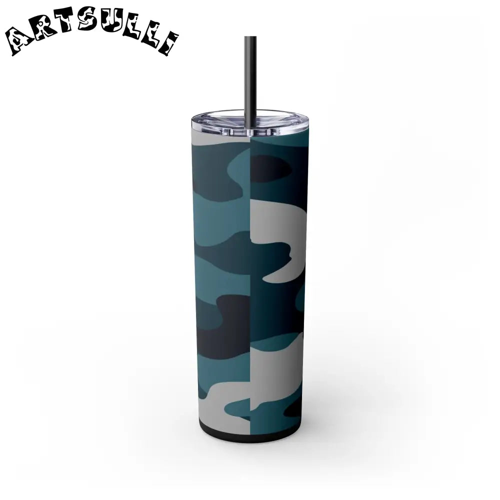 JAKKOUTTHEBXX Blue Camouflage Skinny Tumbler with Straw 20oz