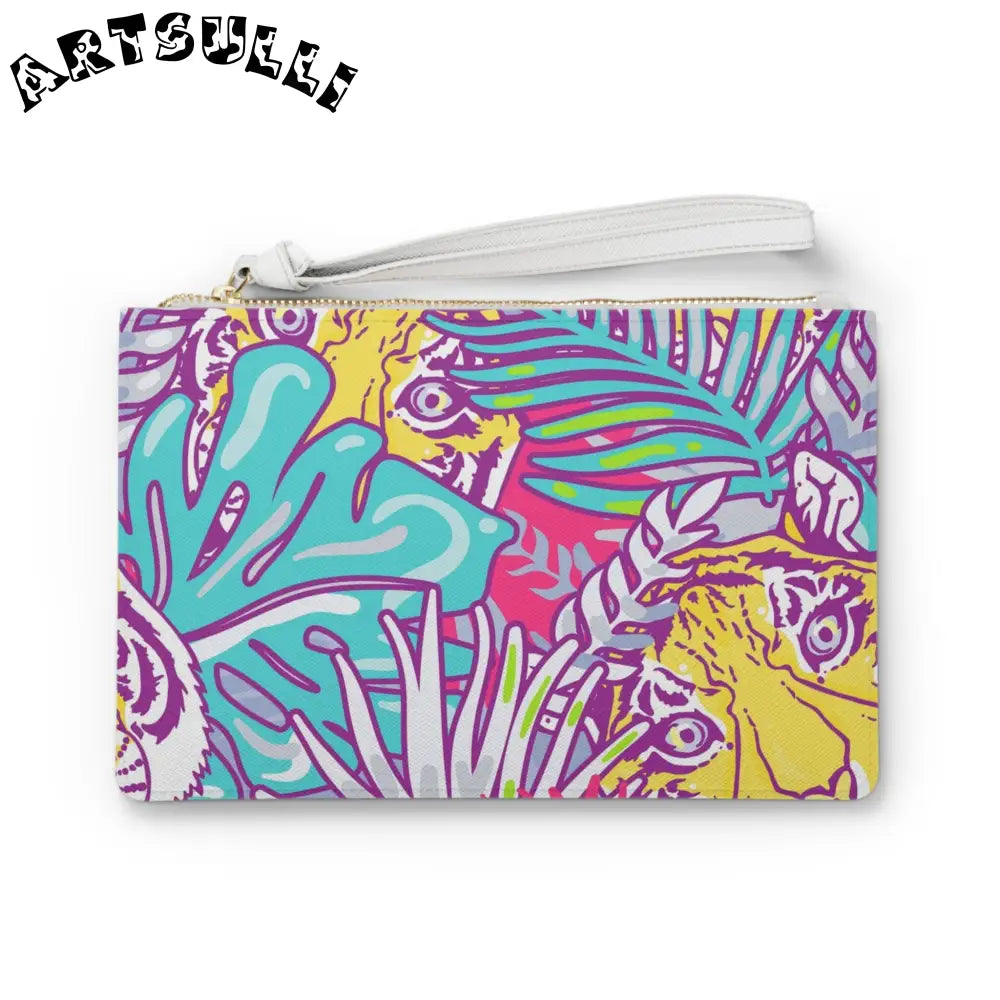 JAKKOUTTHEBXX Tropical Floral Tigers Torquise and Purple Clutch Bag