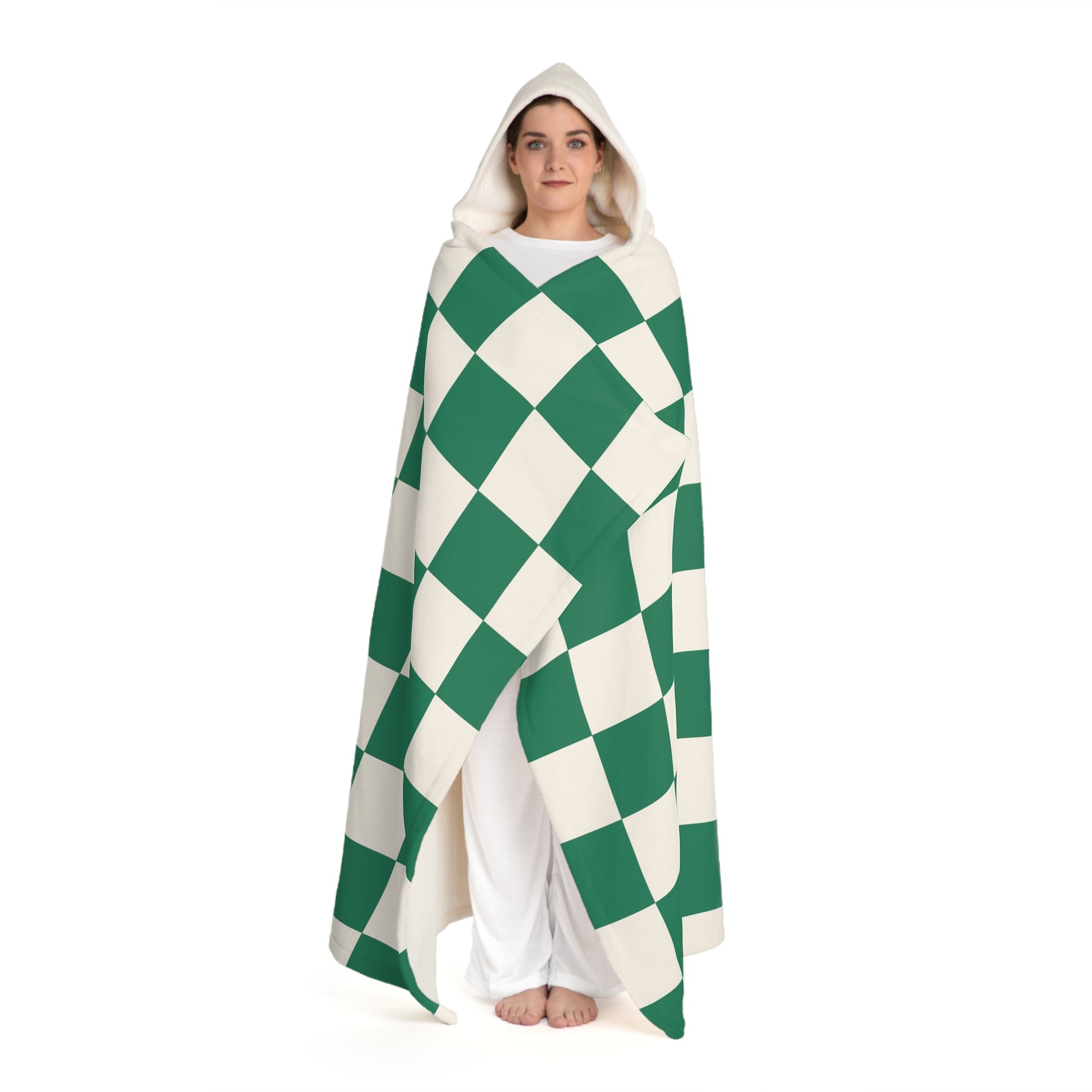 Checkerboard Dark Green Hooded Sherpa Fleece Blanket, Artsulli - Art is Long, Life is Short, All Over Prints, , , , , , , 