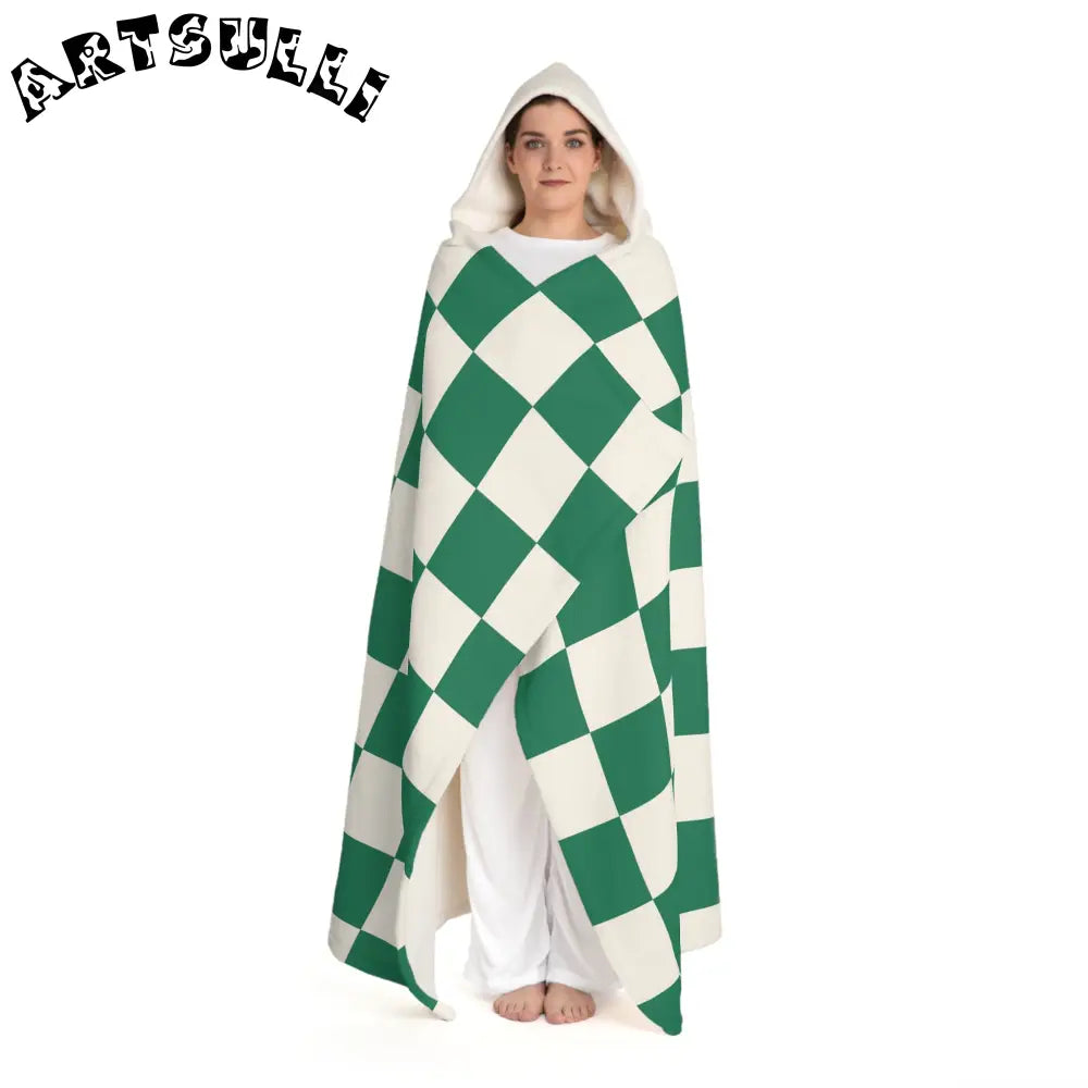 JAKKOUTTHEBXX Checkerboard Dark Green Hooded Sherpa Fleece Blanket