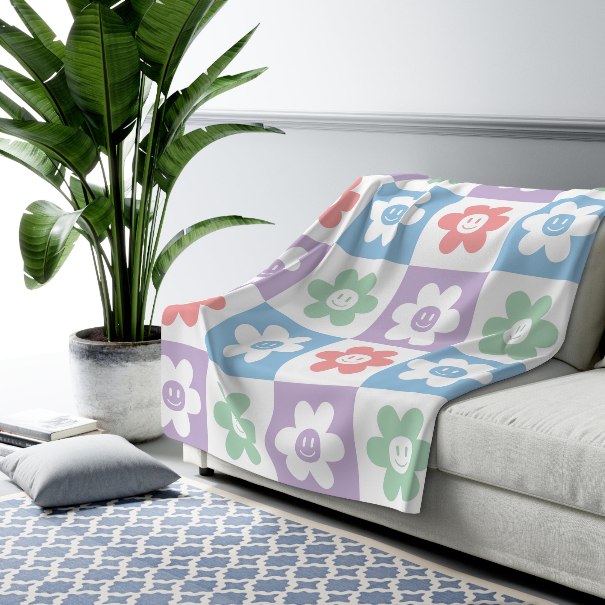 Chessboard x Smiley Face Flowers Multi-Color Sherpa Fleece Blanket, Artsulli - Art is Long, Life is Short, Home Decor, , , , , , , 