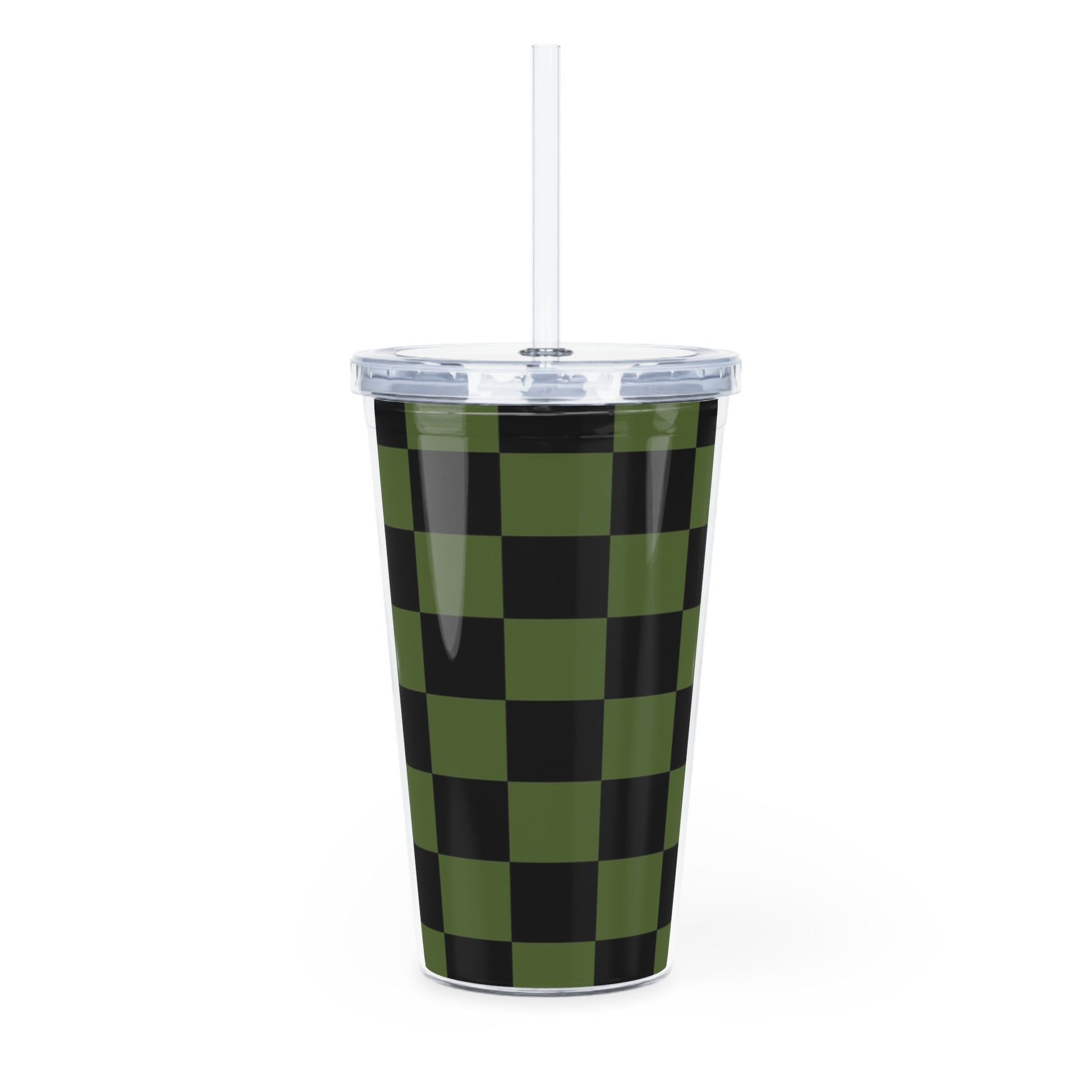 Checkerboard Olive Green and Black Plastic Tumbler with Straw, Artsulli - Art is Long, Life is Short, Mug, , , , , , , 