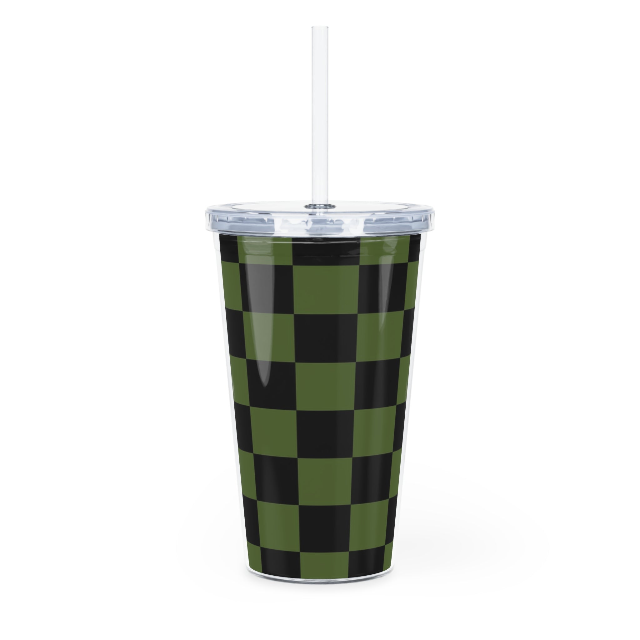 Checkerboard Olive Green and Black Plastic Tumbler with Straw, Artsulli - Art is Long, Life is Short, Mug, , , , , , , 