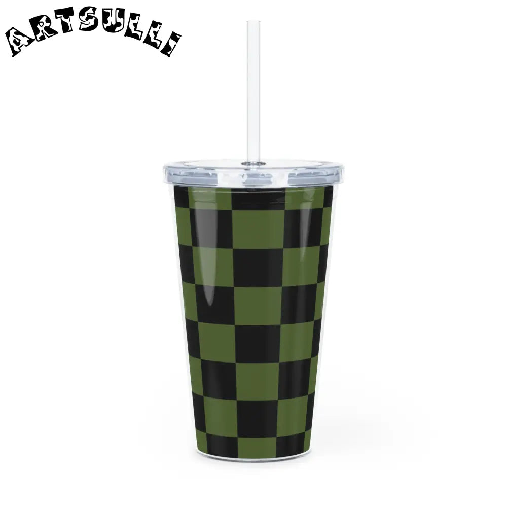 JAKKOUTTHEBXX Checkerboard Olive Green and Black Plastic Tumbler