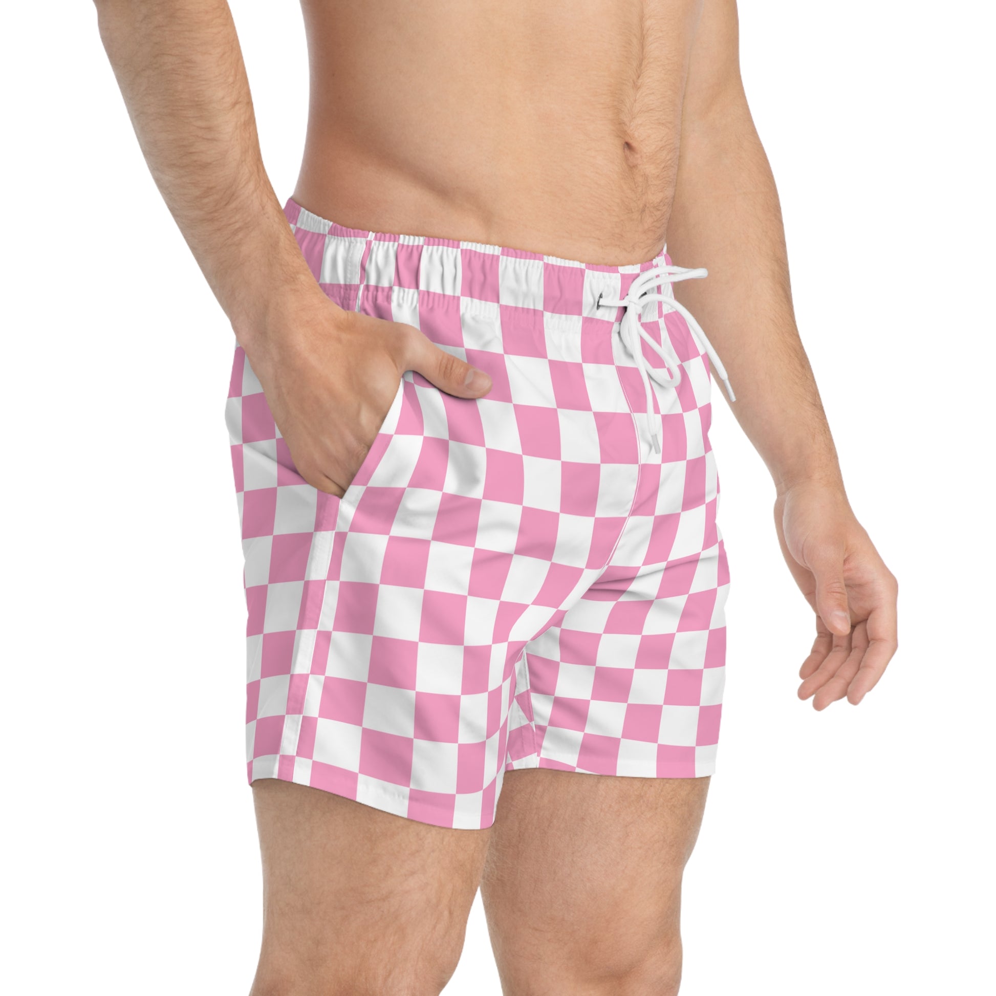 Checkerboard Hot Pink and White Swim Trunks (AOP), Artsulli - Art is Long, Life is Short, All Over Prints, , , , , , , 