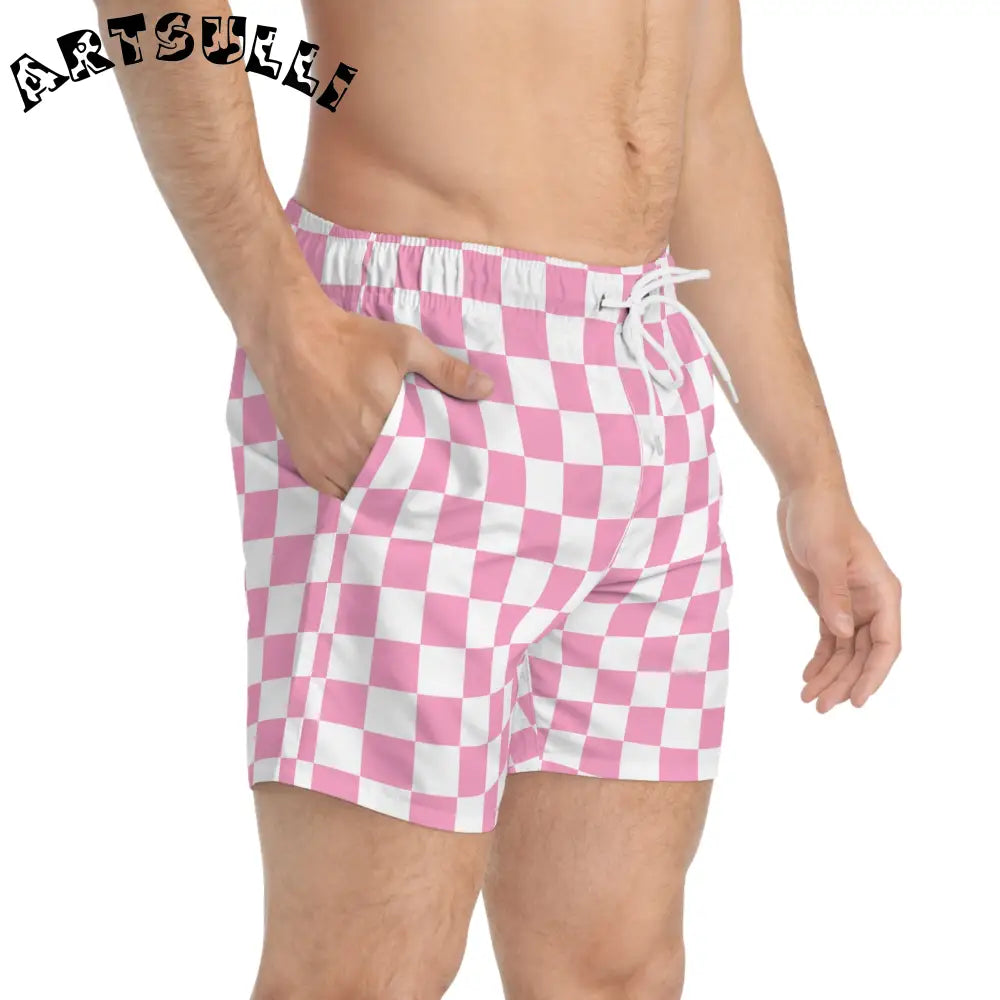 JAKKOUTTHEBXX Checkerboard Hot Pink and White Swim Trunks (AOP)