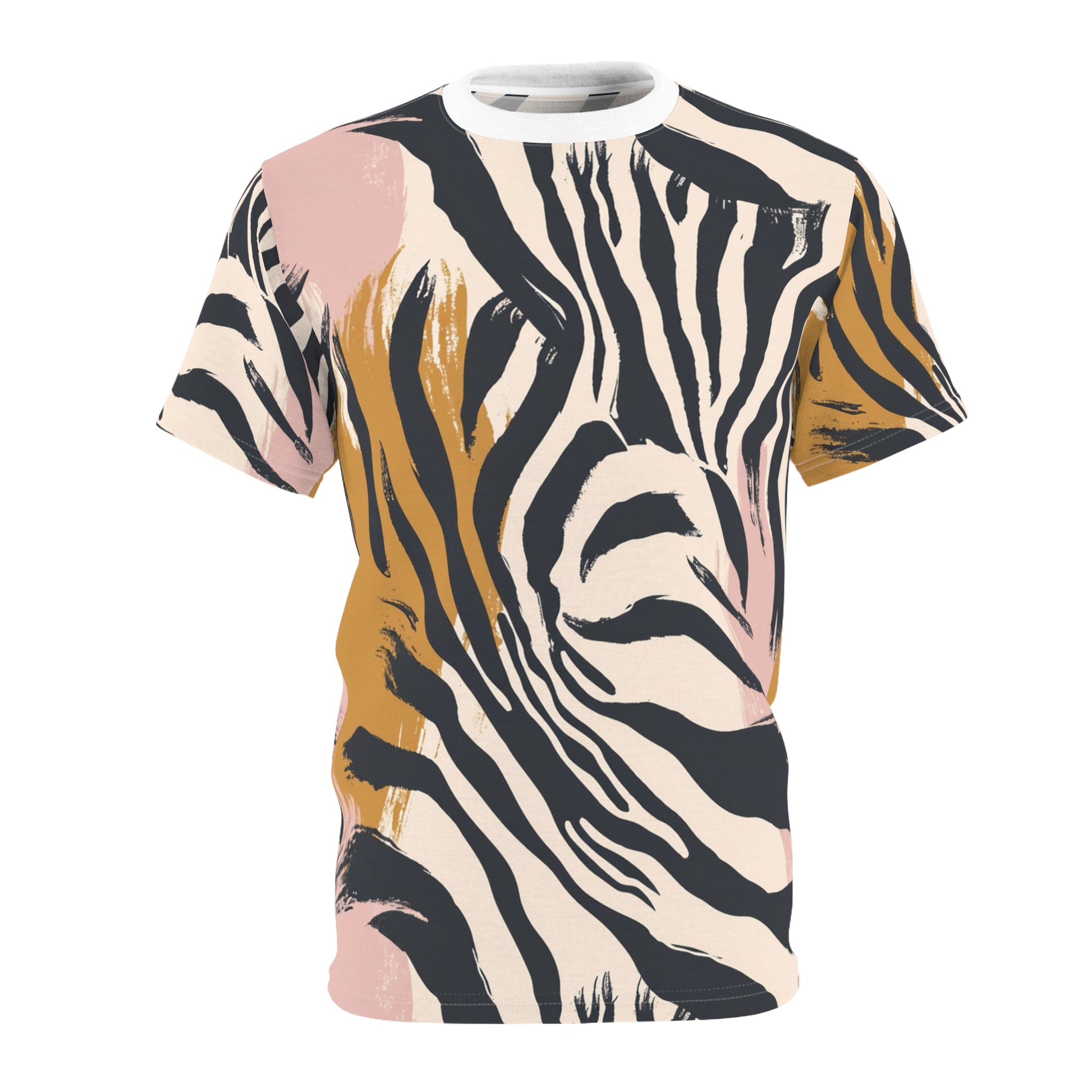 Beige Zebra Jungle Flats Unisex Cut & Sew Tee (AOP), Artsulli - Art is Long, Life is Short, All Over Prints, Color, White stitching, Weight, 4 oz., Size, S, 75566529309434