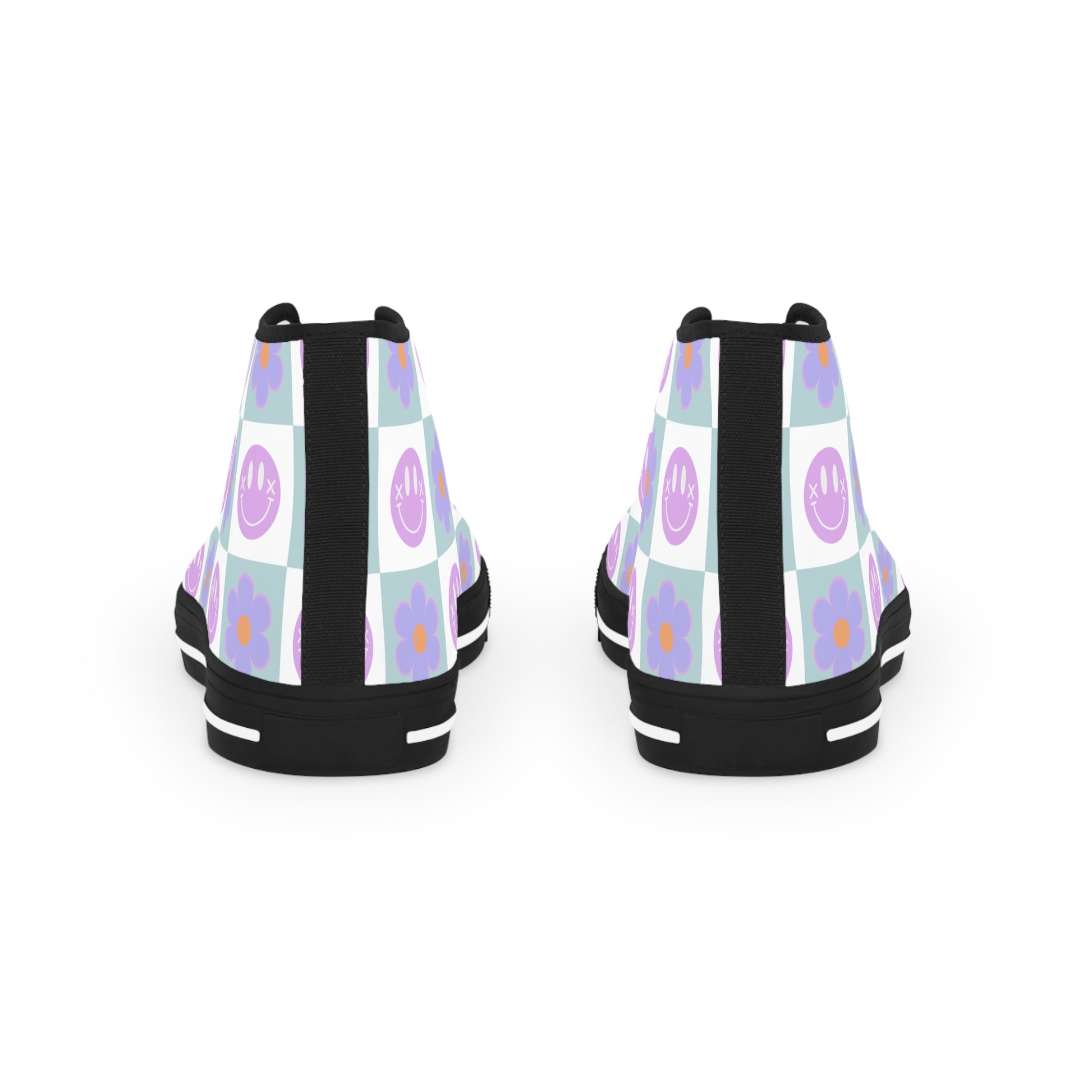 Flower x Smiley Face x Checkerboard Purple Men's High Top Sneakers, Artsulli - Art is Long, Life is Short, Shoes, , , , , , , 