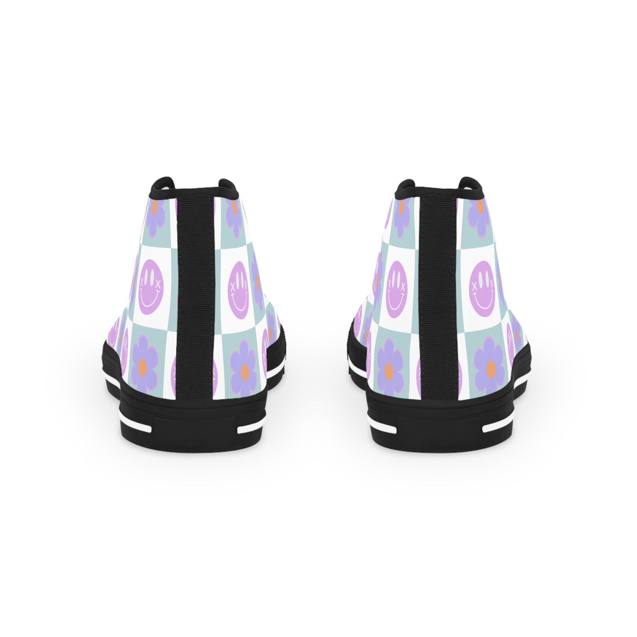 Flower x Smiley Face x Checkerboard Purple Men's High Top Sneakers, Artsulli - Art is Long, Life is Short, Shoes, , , , , , , 