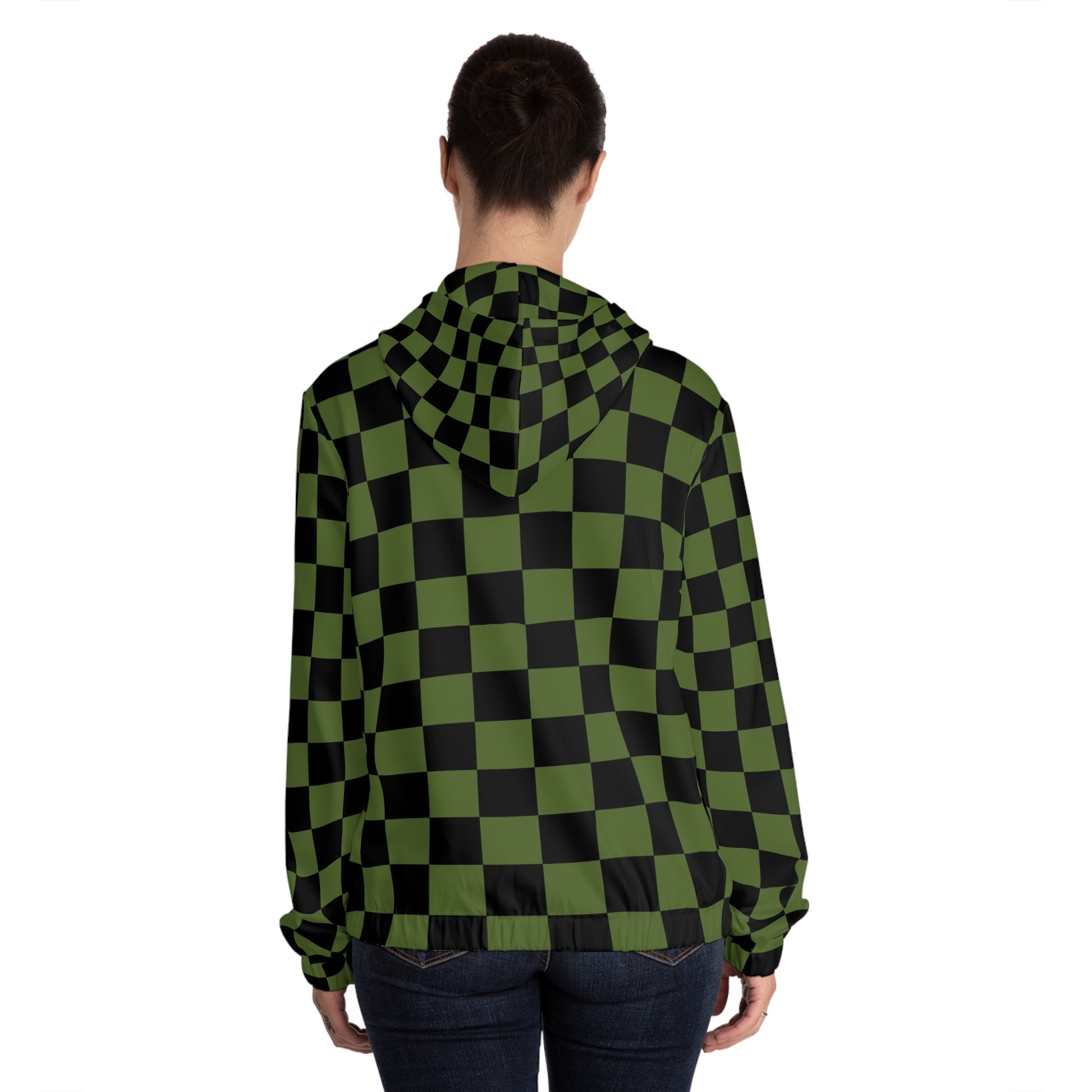 Checkerboard Olive Green and Black Women’s Full-Zip Hoodie (AOP), Artsulli - Art is Long, Life is Short, All Over Prints, , , , , , , 