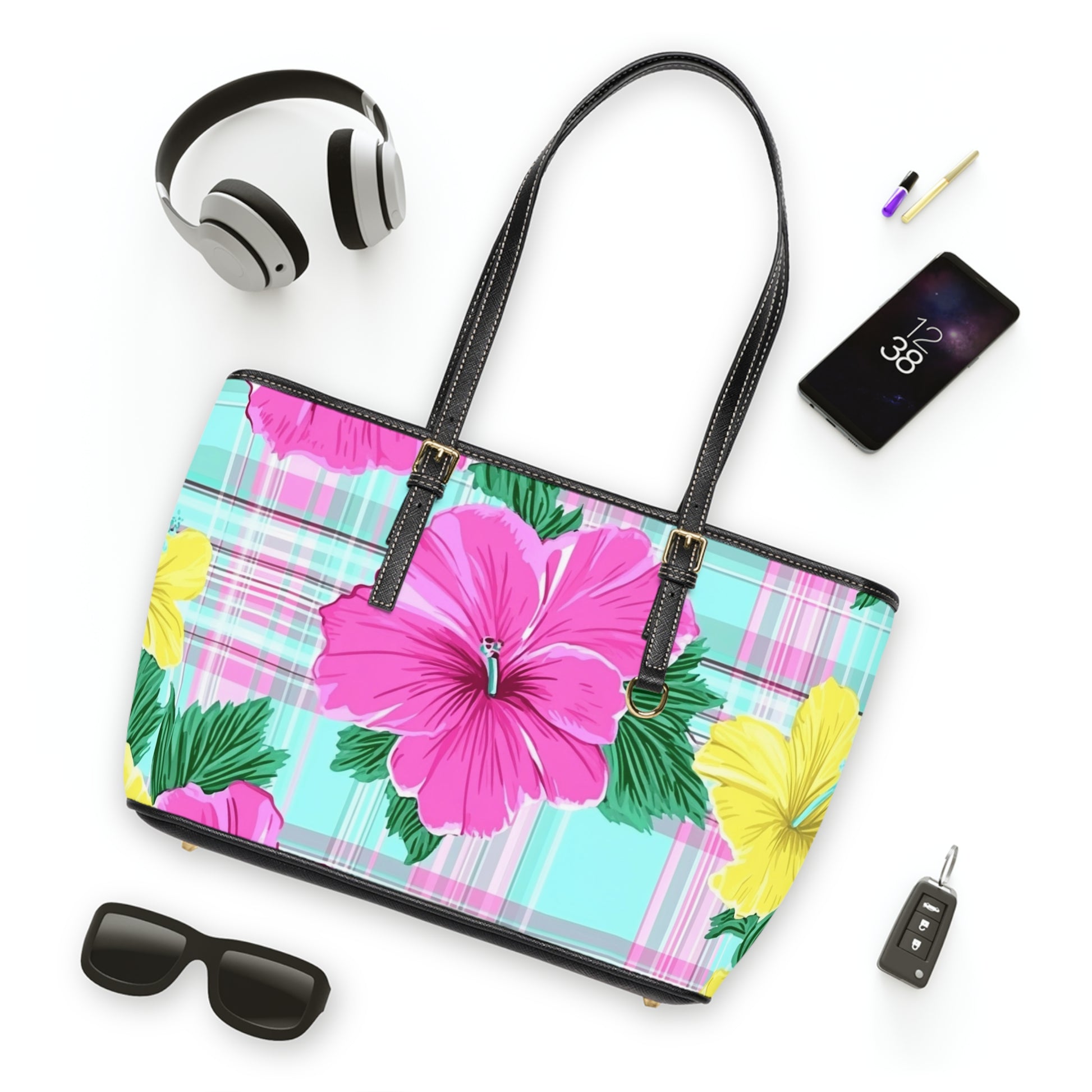 Plaid Hibiscus Pink and Yellow PU Leather Shoulder Bag, Artsulli - Art is Long, Life is Short, Bags, , , , , , , 