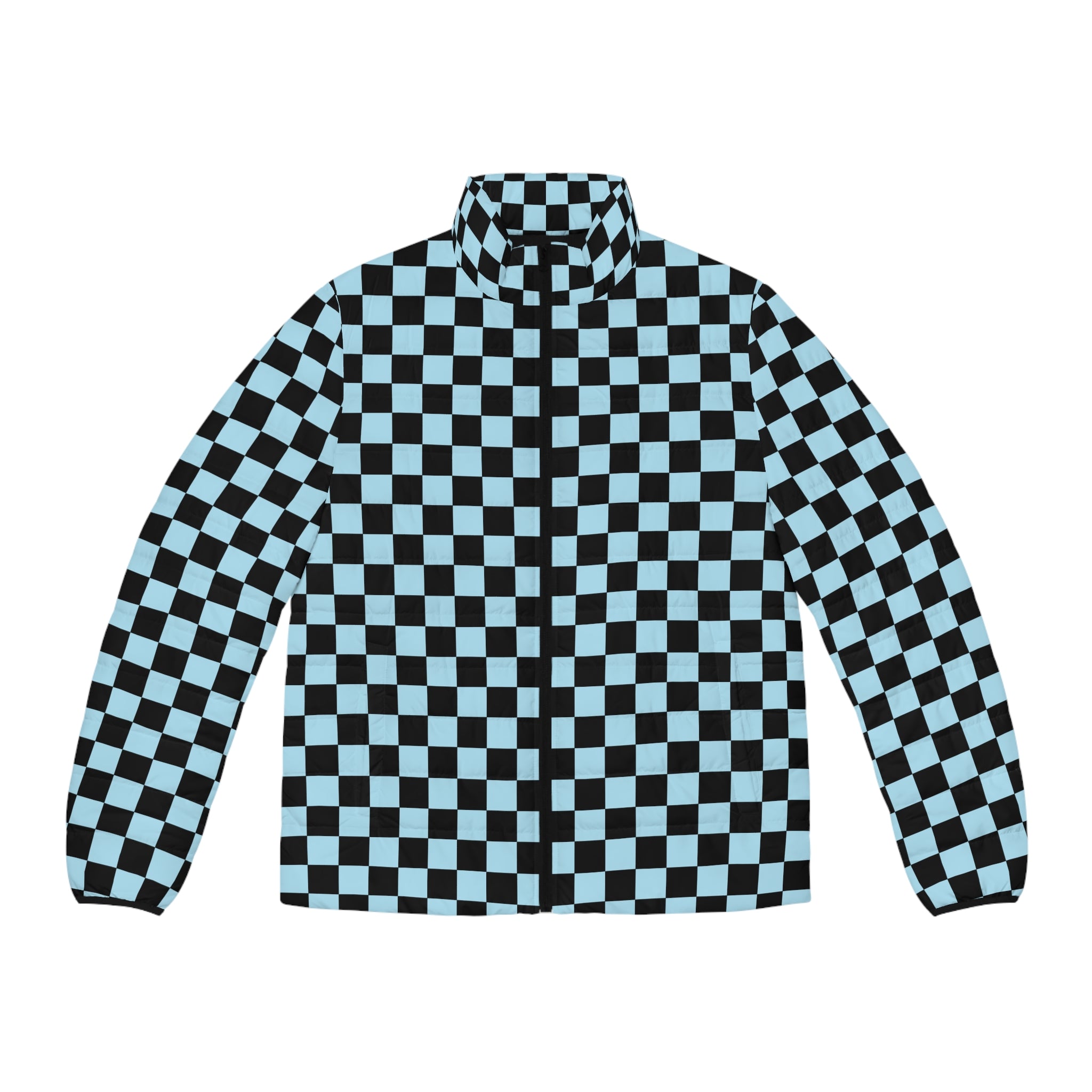 Checkerboard Black and Blue Men's Puffer Jacket (AOP), Artsulli - Art is Long, Life is Short, All Over Prints, Size, S, Color, Black zipper, , , 22549299517758697688