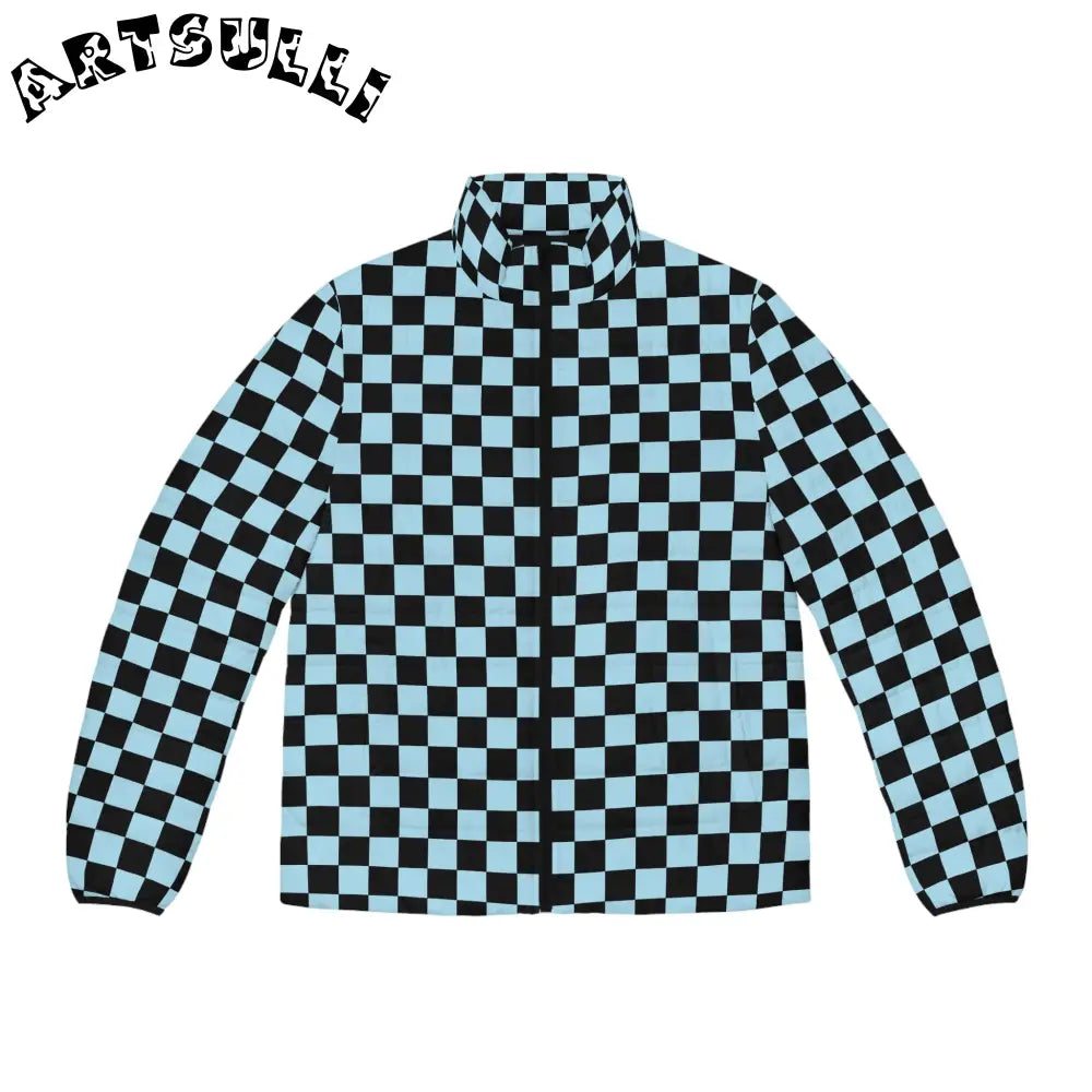 JAKKOUTTHEBXX Checkerboard Black and Blue Men’s Puffer Jacket (AOP)