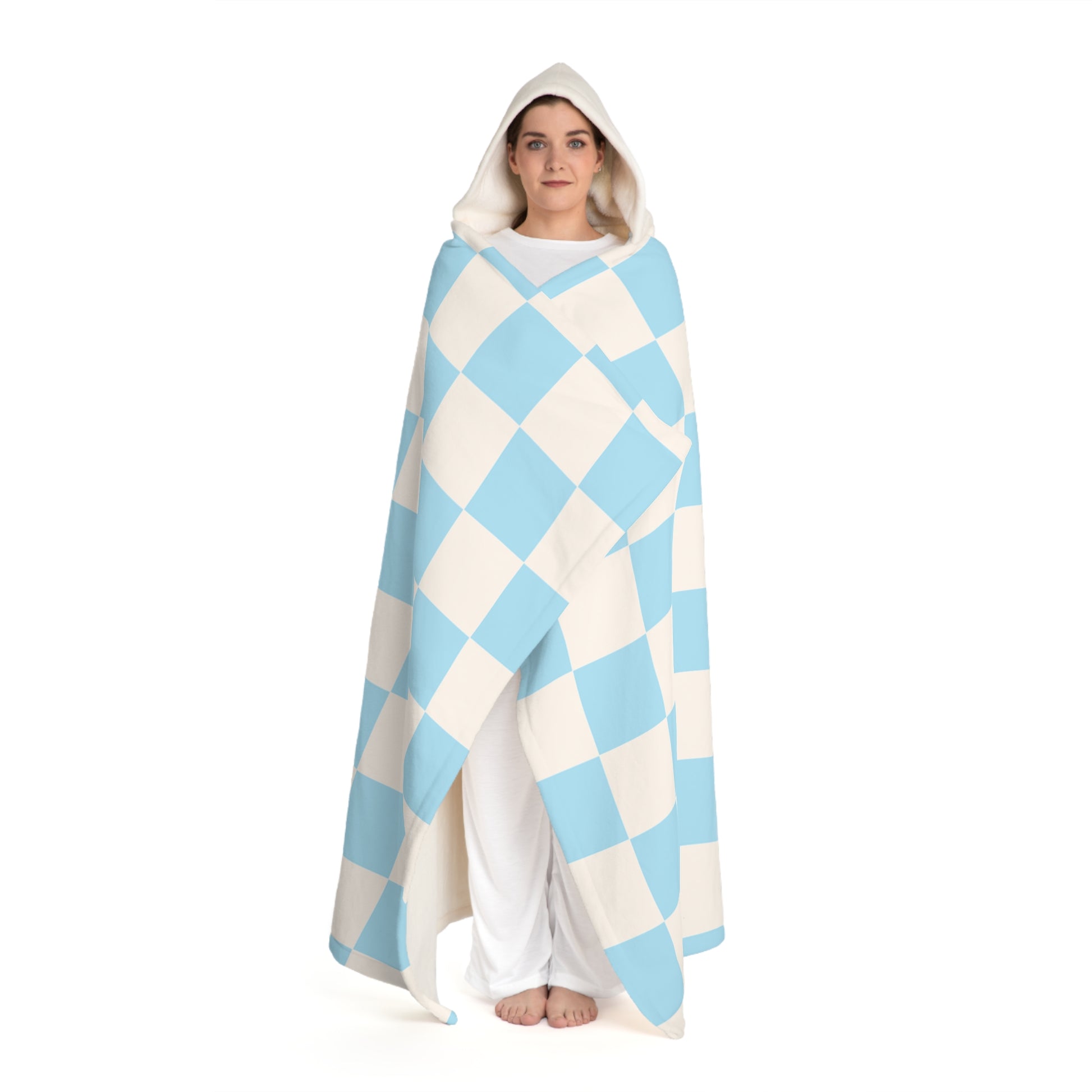 Checkerboard Sky Blue Hooded Sherpa Fleece Blanket, Artsulli - Art is Long, Life is Short, All Over Prints, , , , , , , 