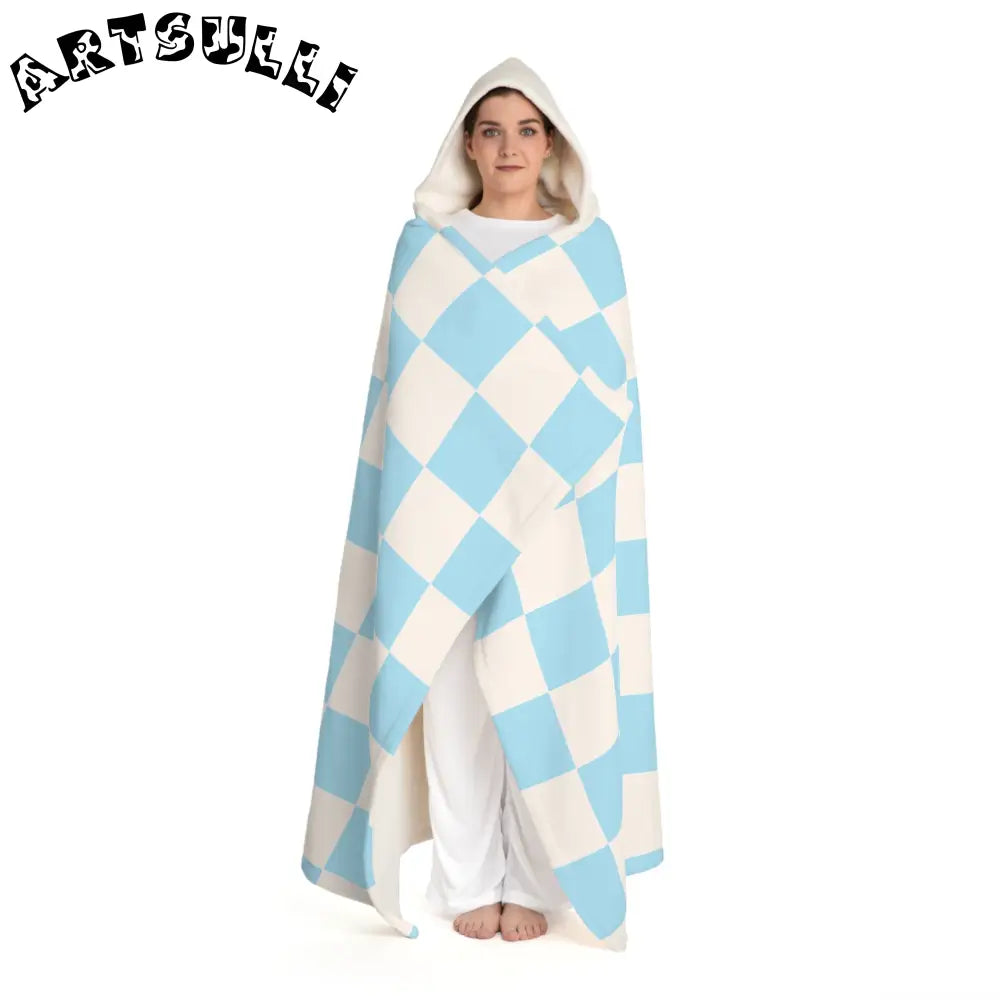 JAKKOUTTHEBXX Checkerboard Sky Blue Hooded Sherpa Fleece Blanket