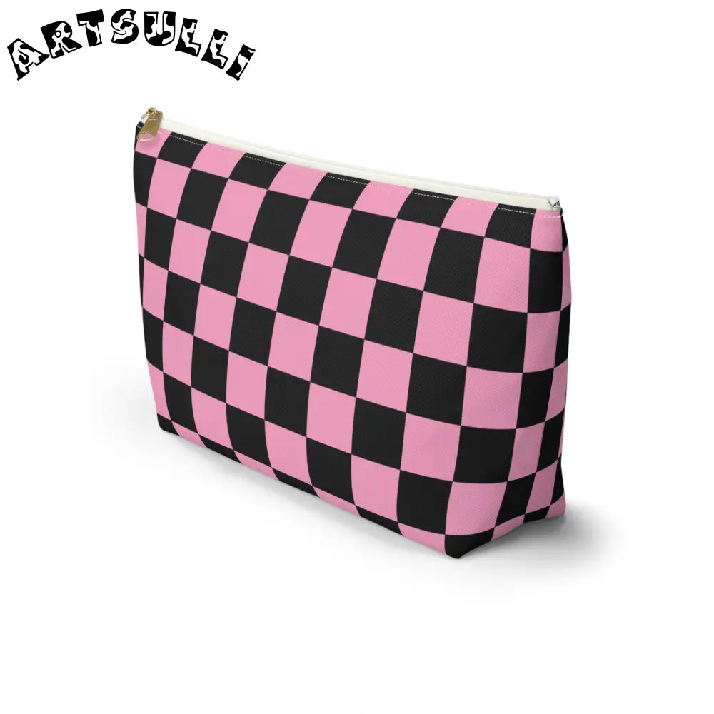 JAKKOUTTHEBXX Checkerboard Black and Pink Accessory Pouch w T-bottom