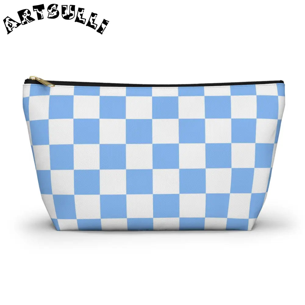 JAKKOUTTHEBXX Checkerboard White and Light Blue Accessory Pouch w