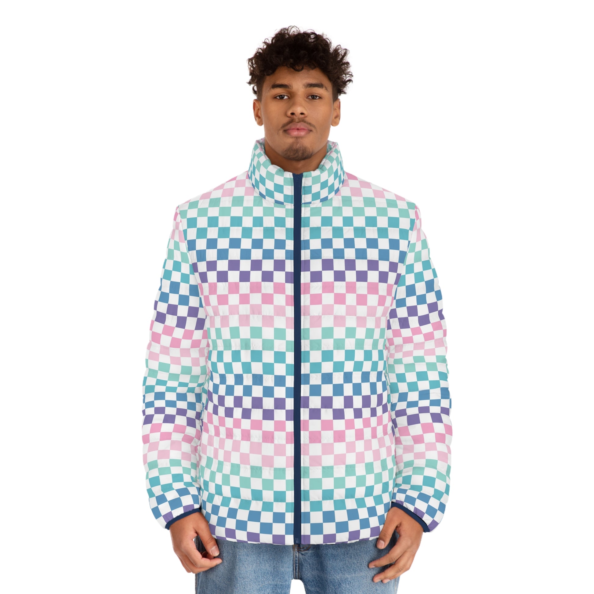 Vaporwave Rainbow  Checkerboard Multi-Color Men's Puffer Jacket (AOP), Artsulli - Art is Long, Life is Short, All Over Prints, , , , , , , 