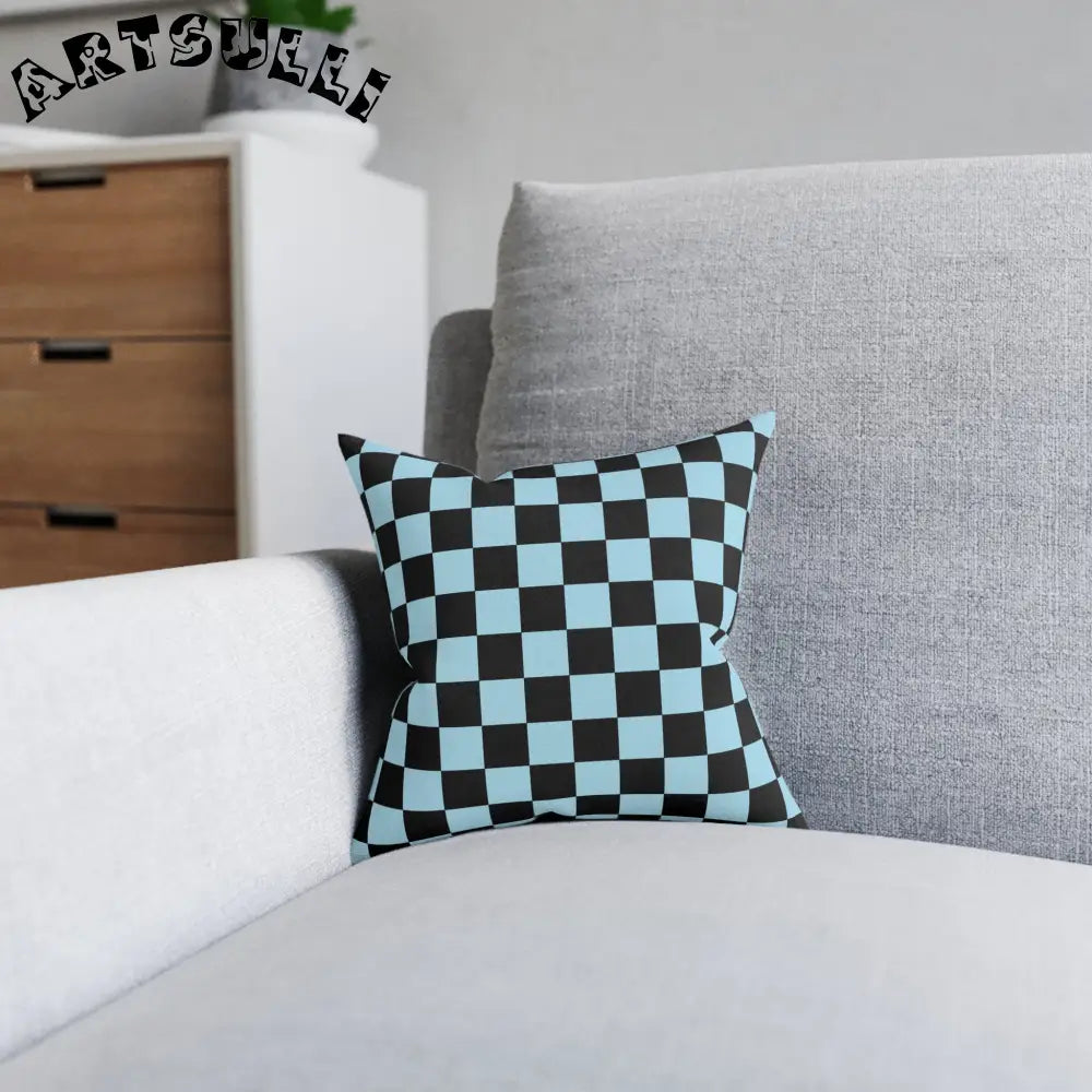 JAKKOUTTHEBXX Checkerboard Black and Blue Square Pillow
