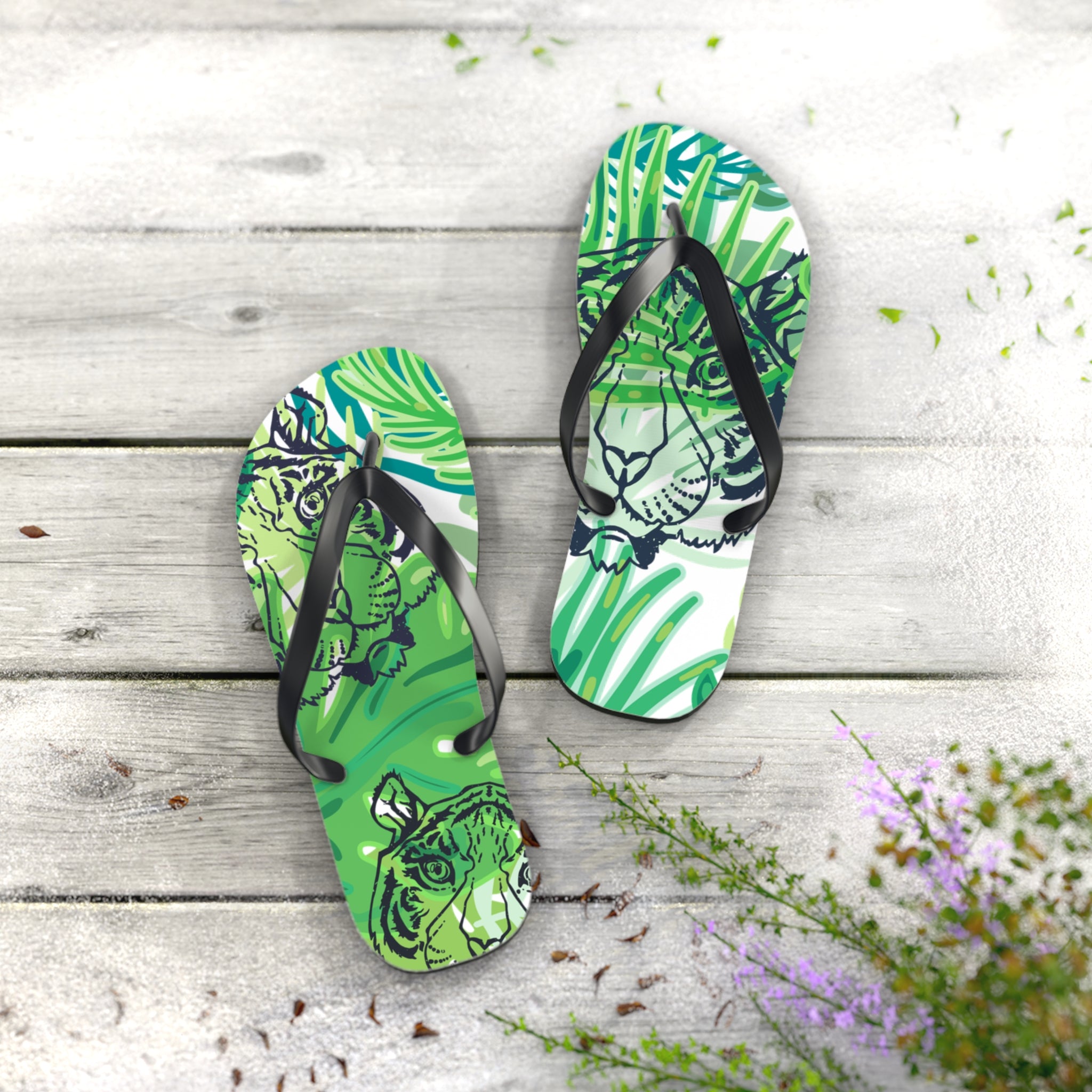 Tropical Jungle Tigers Green Flip Flops, Artsulli - Art is Long, Life is Short, Shoes, , , , , , , 