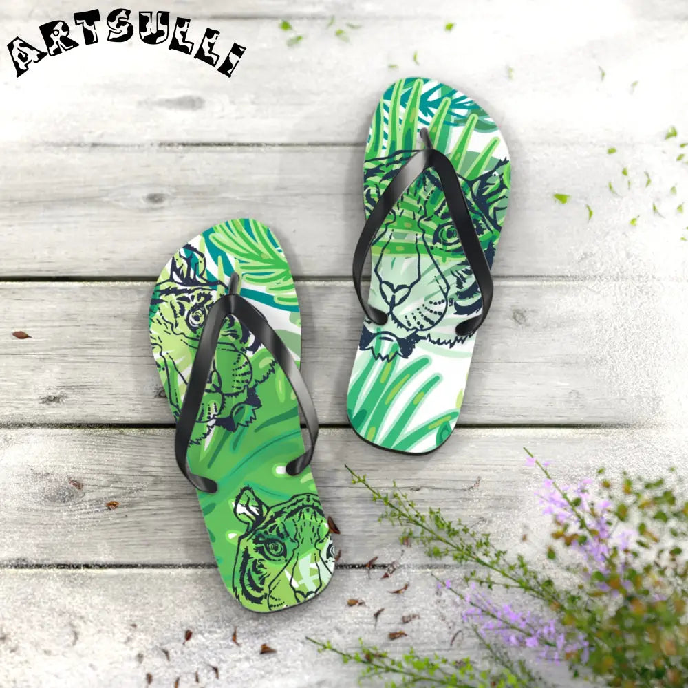 JAKKOUTTHEBXX Tropical Jungle Tigers Green Flip Flops JAKKOUTTHEBXX