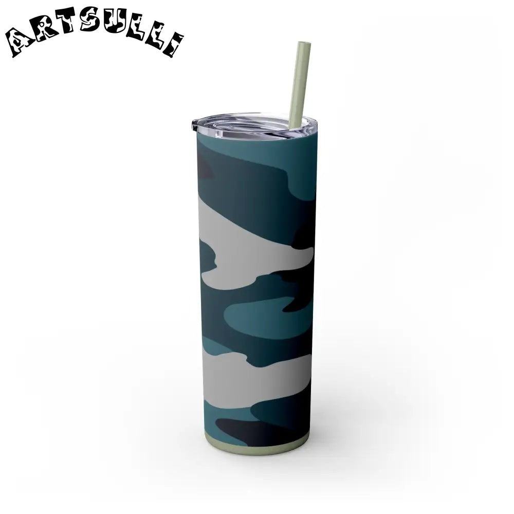 JAKKOUTTHEBXX Blue Camouflage Skinny Tumbler with Straw 20oz
