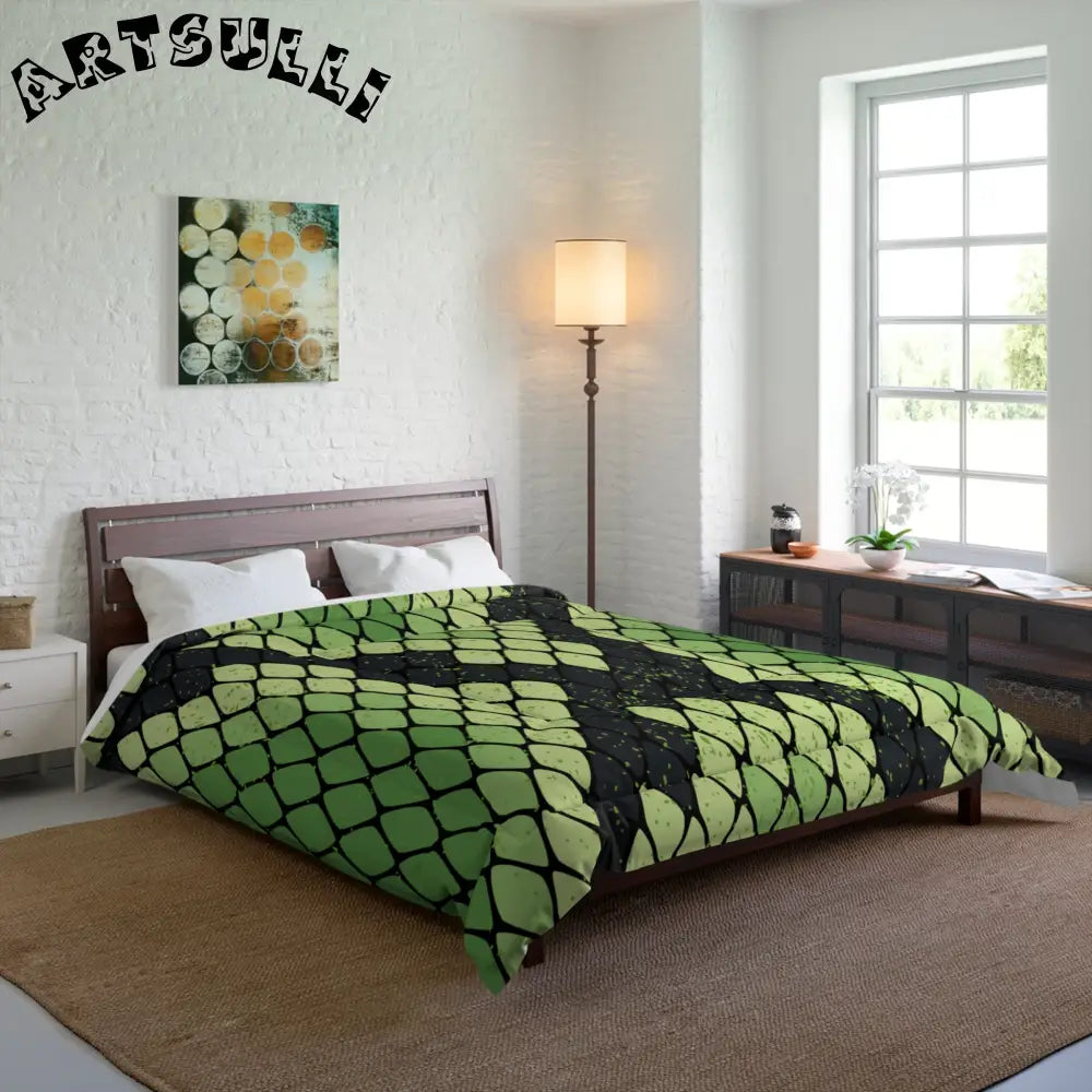 JAKKOUTTHEBXX Snake Skin Green and Black Comforter JAKKOUTTHEBXX