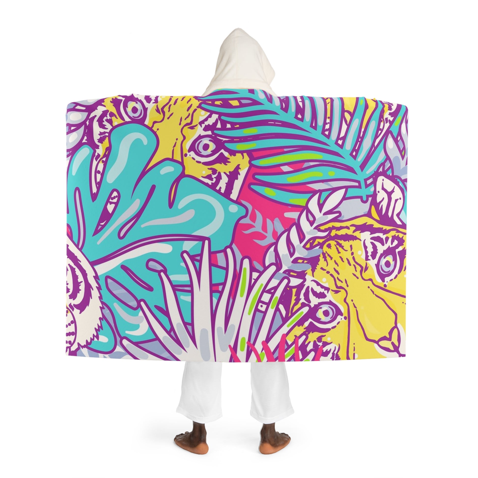 Tropical Floral Tigers Torquise and Purple Hooded Sherpa Fleece Blanket, Artsulli - Art is Long, Life is Short, All Over Prints, , , , , , , 