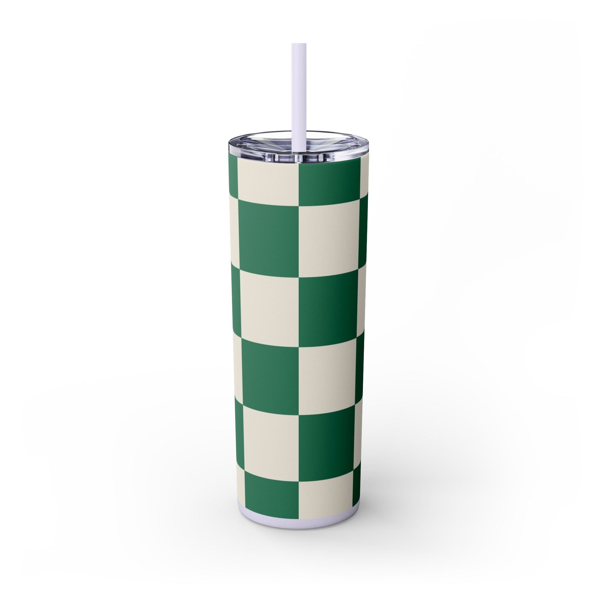 Checkerboard Dark Green Skinny Tumbler with Straw, 20oz, Artsulli - Art is Long, Life is Short, Mug, , , , , , , 