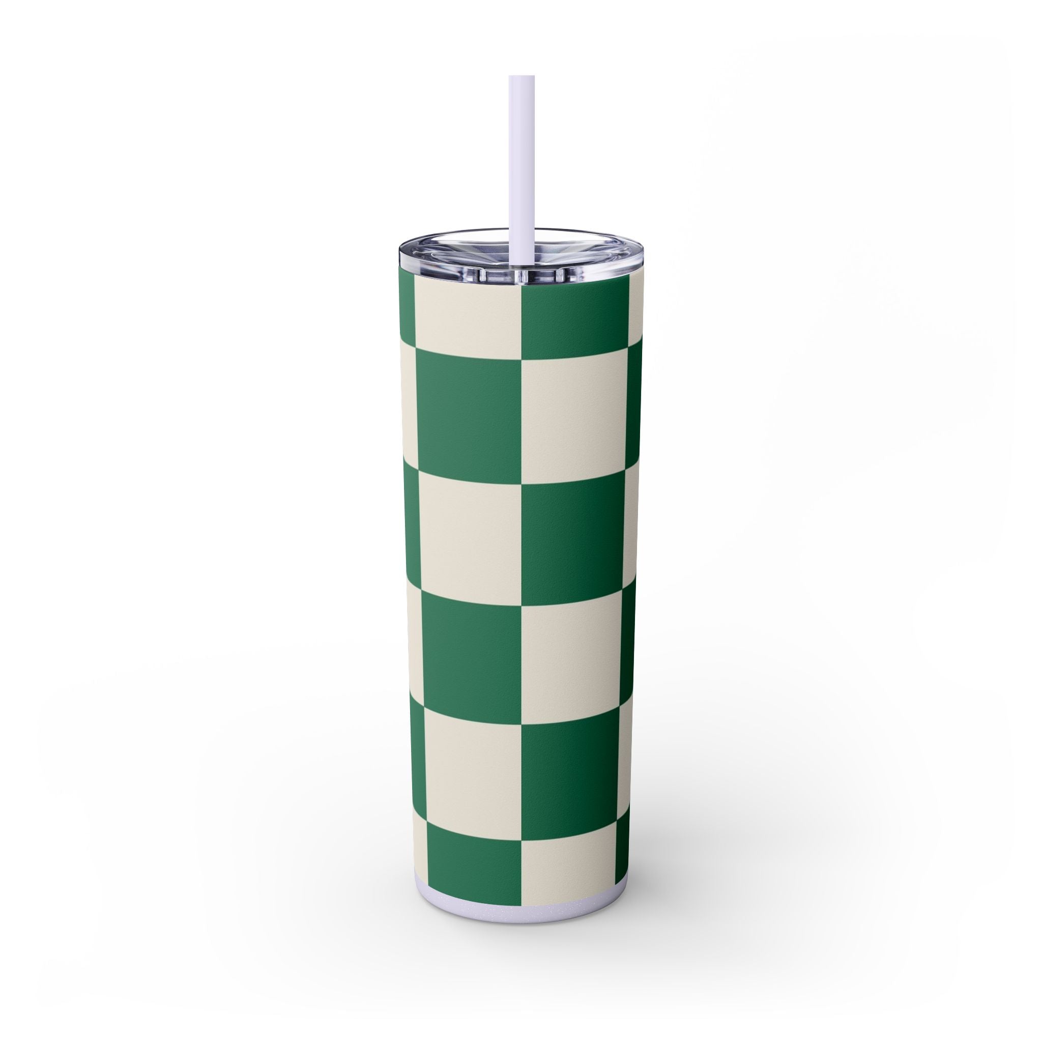 Checkerboard Dark Green Skinny Tumbler with Straw, 20oz, Artsulli - Art is Long, Life is Short, Mug, , , , , , , 