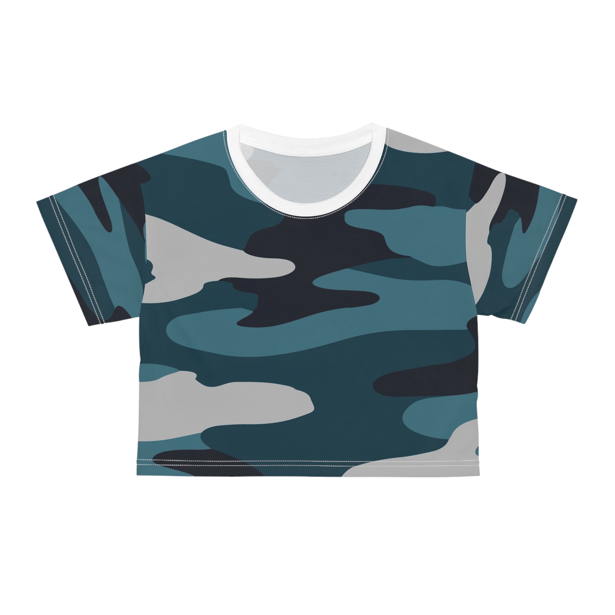 Blue Camouflage Crop Tee (AOP), Artsulli - Art is Long, Life is Short, All Over Prints, Color, White stitching, Size, XS, , , 99887234945327