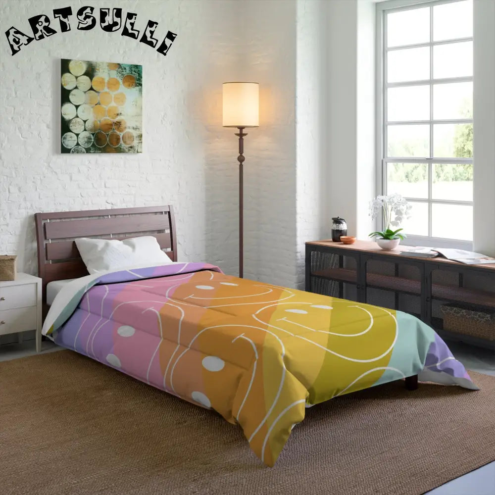 JAKKOUTTHEBXX Smiley Face x Rainbow Stripes Multi-Color Comforter