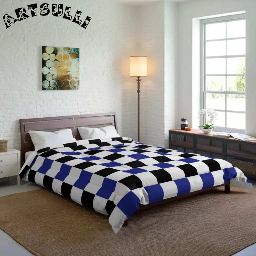 JAKKOUTTHEBXX Checkerboard Blue White and Black Comforter