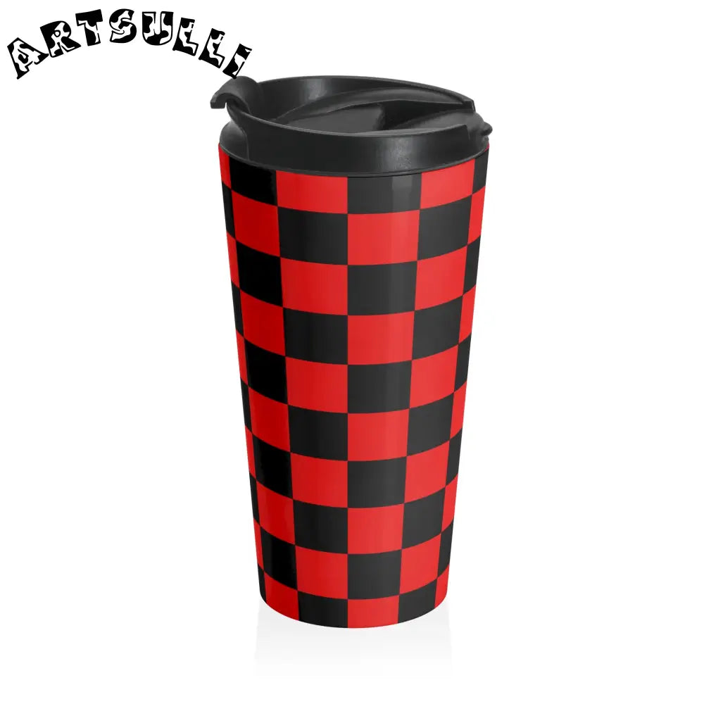 JAKKOUTTHEBXX Checkerboard Red and Black Stainless Steel Travel Mug