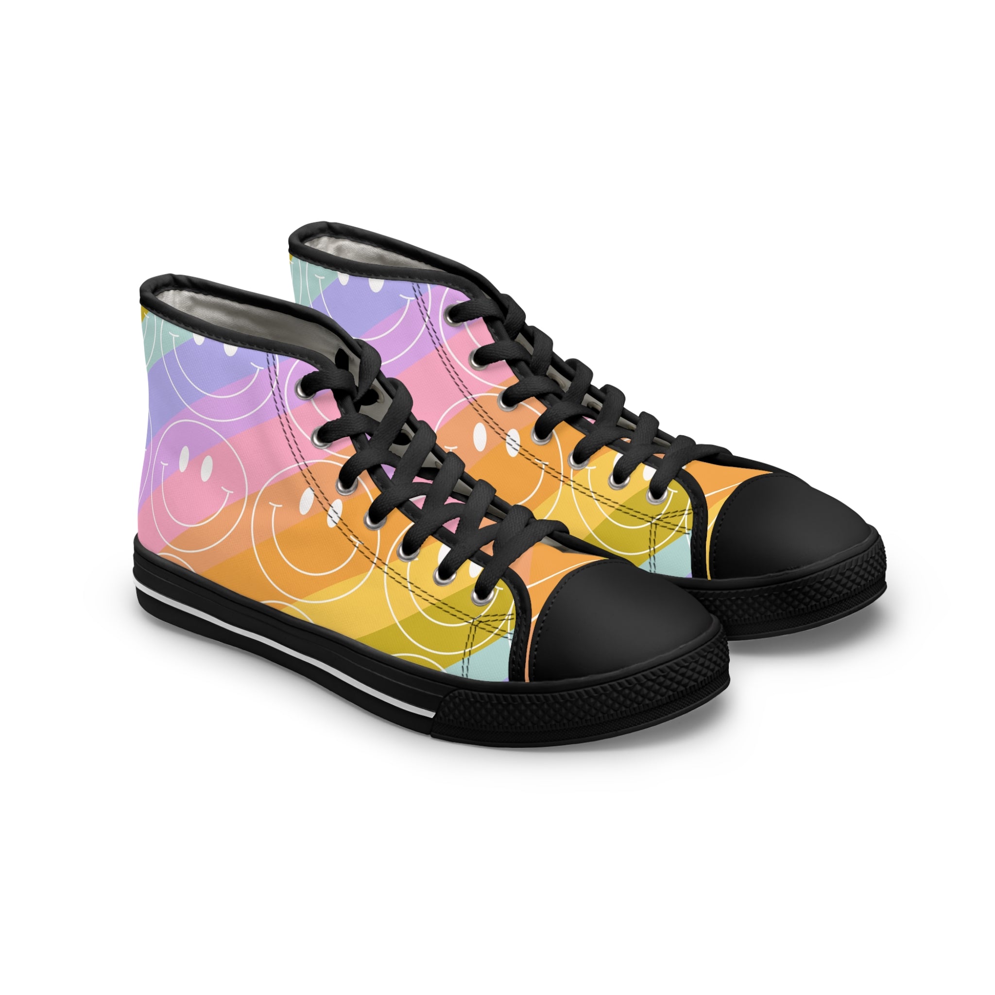 Smiley Face x Rainbow Stripes Multi-Color Women's High Top Sneakers, Artsulli - Art is Long, Life is Short, Shoes, Size, US 5.5, Color, Black sole, , , 31880879950372