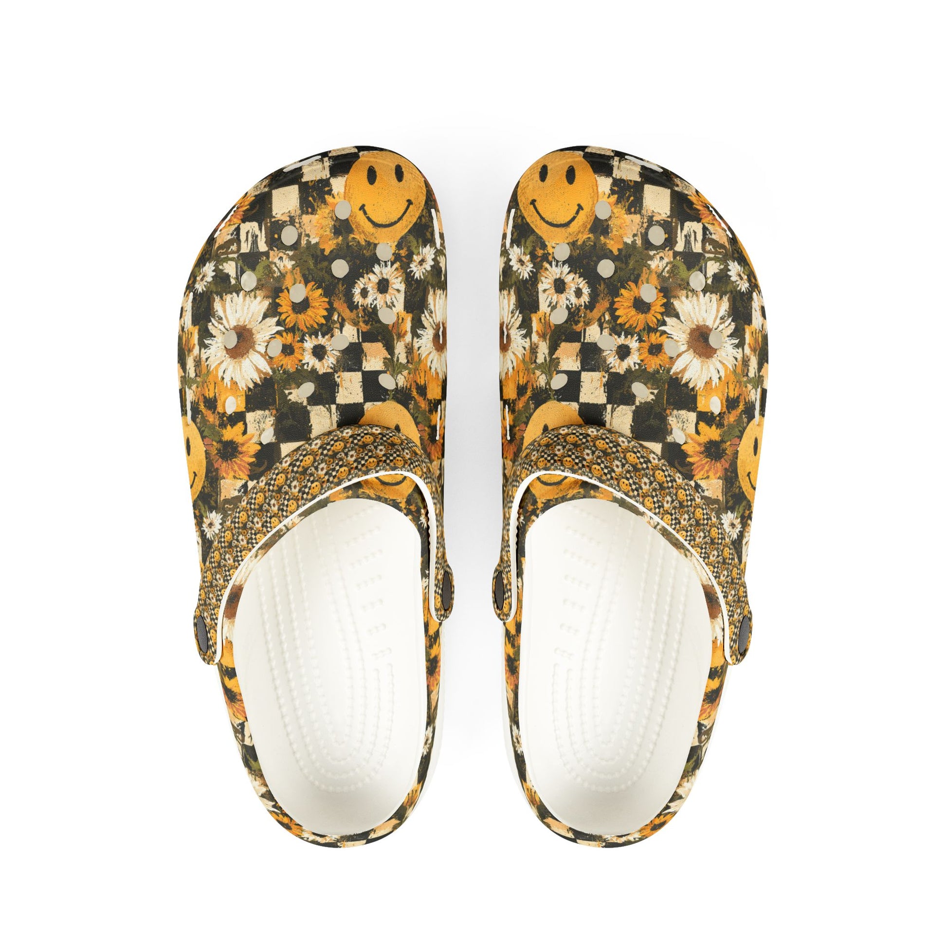 Smiley Face x Checkerboard x Sunflowers x Trippy x Vintage Black and Yellow EVA Foam Rubber Shoes (AOP), Artsulli - Art is Long, Life is Short, Shoes, Size, US 6 (Women's), Color, White, , , 18408182516846025888