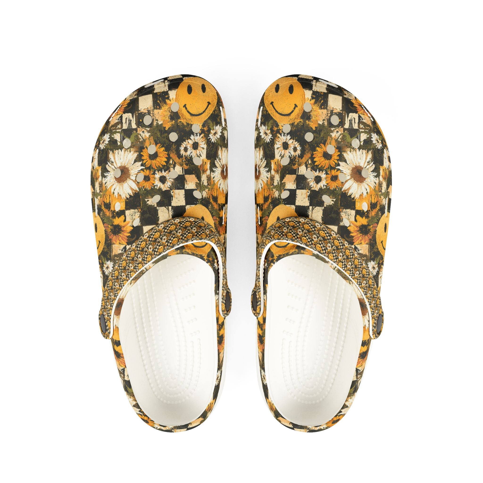 Smiley Face x Checkerboard x Sunflowers x Trippy x Vintage Black and Yellow EVA Foam Rubber Shoes (AOP), Artsulli - Art is Long, Life is Short, Shoes, Size, US 6 (Women's), Color, White, , , 18408182516846025888