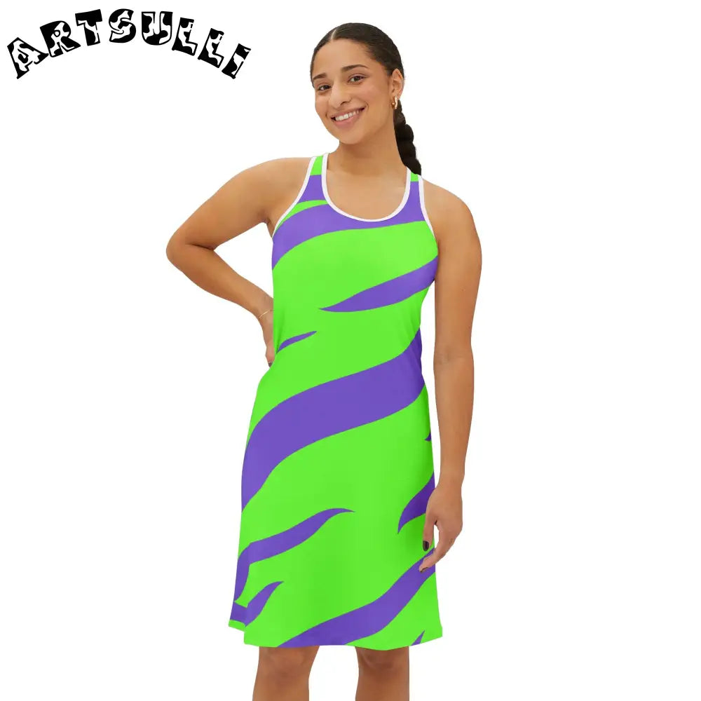 JAKKOUTTHEBXX Tyrannosaurus Print Green and Purple Women’s Racerback