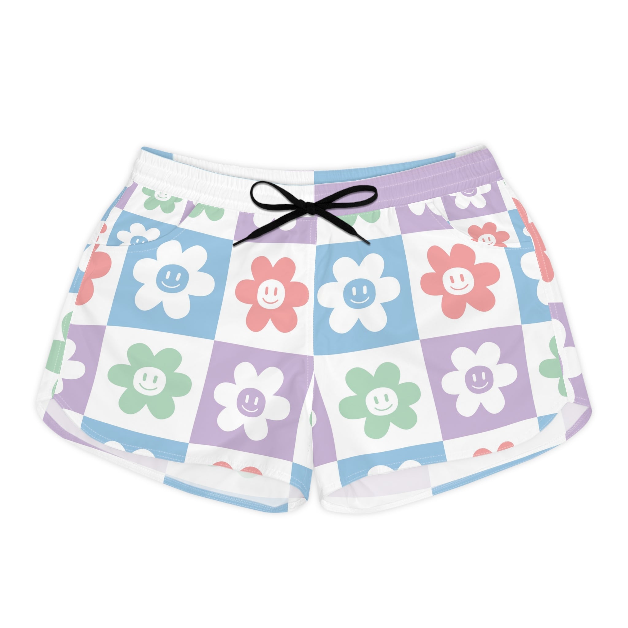 Chessboard x Smiley Face Flowers Multi-Color Women's Casual Shorts (AOP), Artsulli - Art is Long, Life is Short, All Over Prints, Size, S, Color, Black drawstring, , , 12753906730489283696