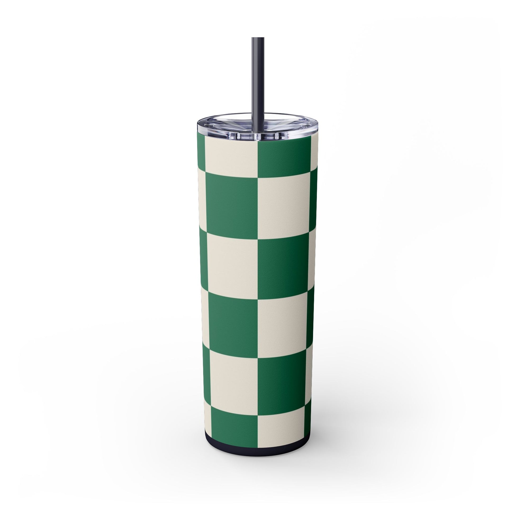 Checkerboard Dark Green Skinny Tumbler with Straw, 20oz, Artsulli - Art is Long, Life is Short, Mug, , , , , , , 