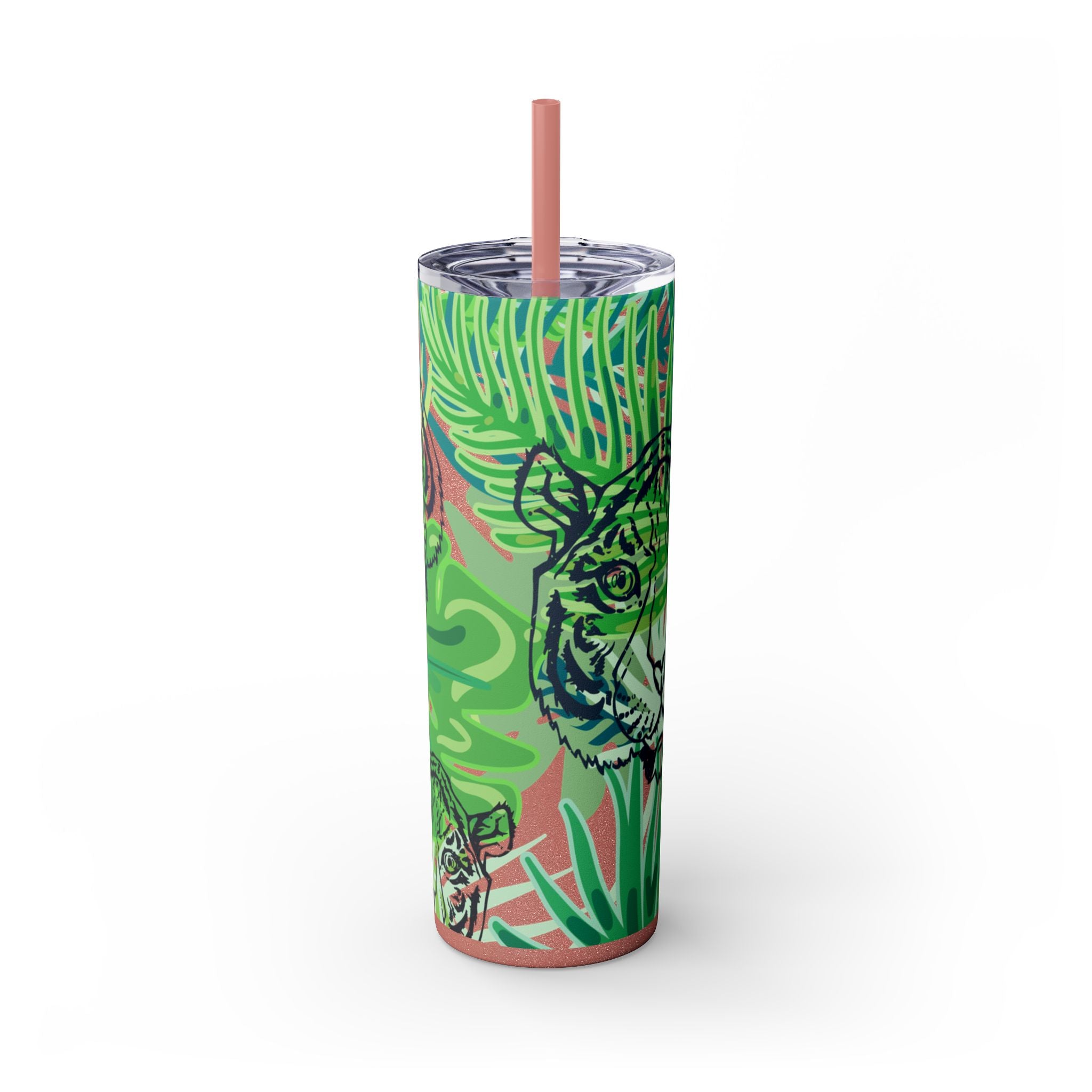 Tropical Jungle Tigers Green Skinny Tumbler with Straw, 20oz, Artsulli - Art is Long, Life is Short, Mug, Finish, Glossy, Color, Glitter Dusty Rose, Size, 20oz, 14854671813127