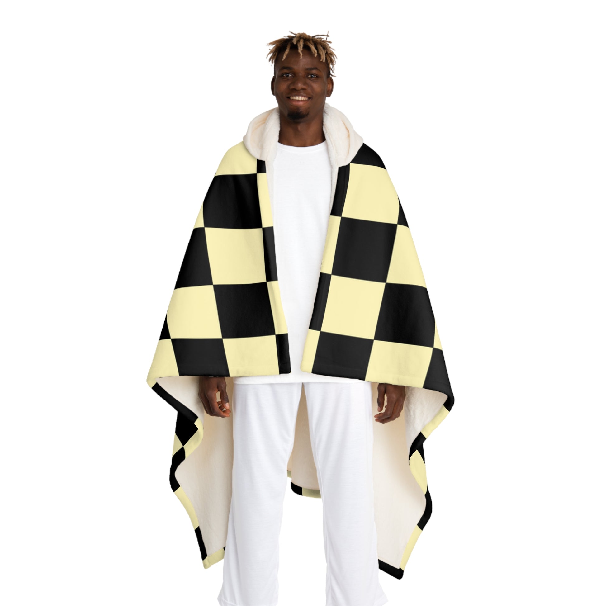 Checkerboard Black and Yellow Hooded Sherpa Fleece Blanket, Artsulli - Art is Long, Life is Short, All Over Prints, Size, One size, Color, Cream, , , 15491320847814065783