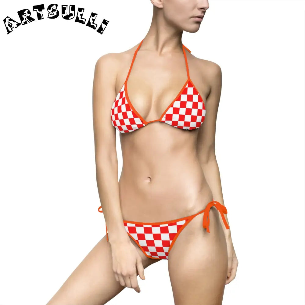 JAKKOUTTHEBXX Checkerboard Red and White Women’s Bikini Swimsuit