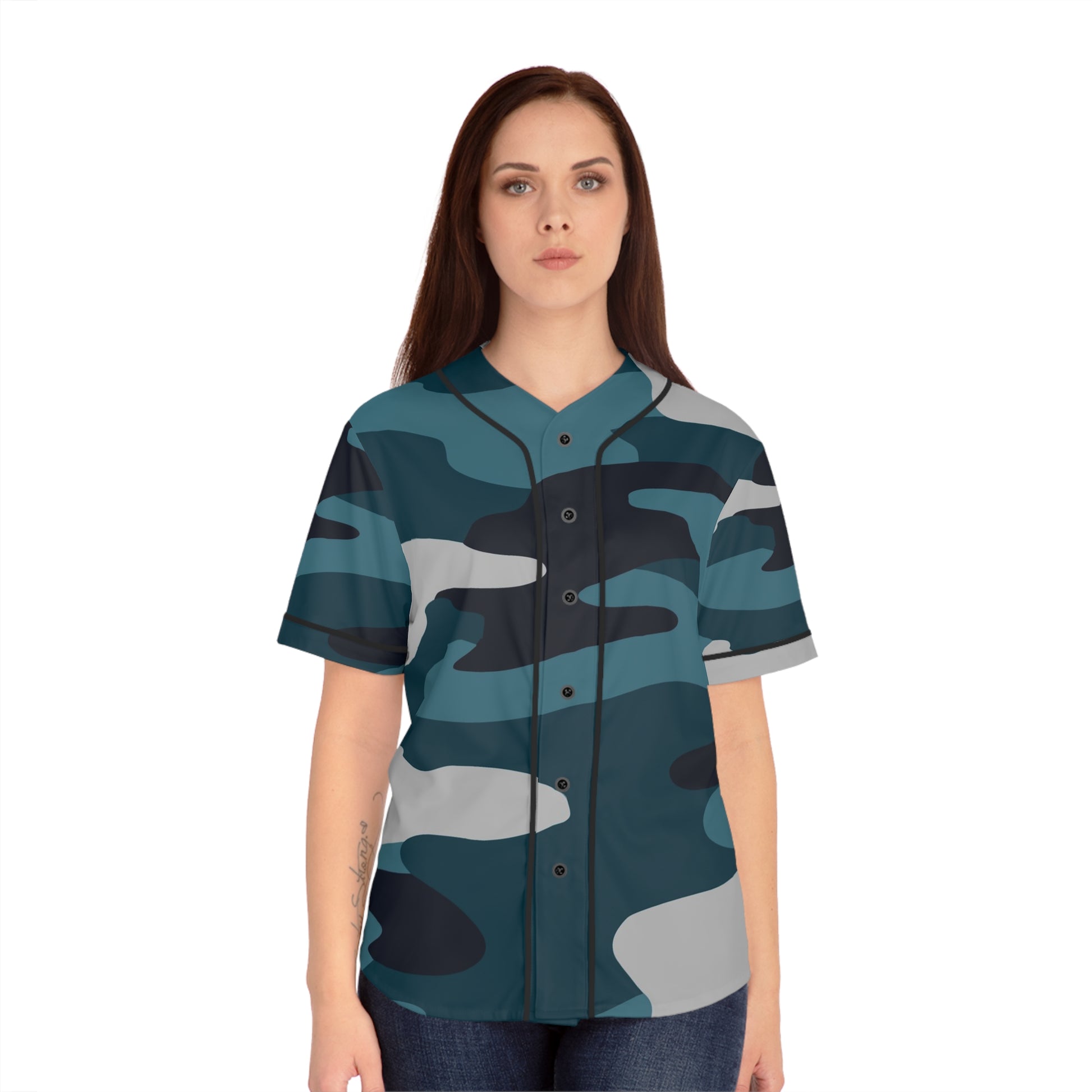 Blue Camouflage Women's Baseball Jersey (AOP), Artsulli - Art is Long, Life is Short, All Over Prints, , , , , , , 