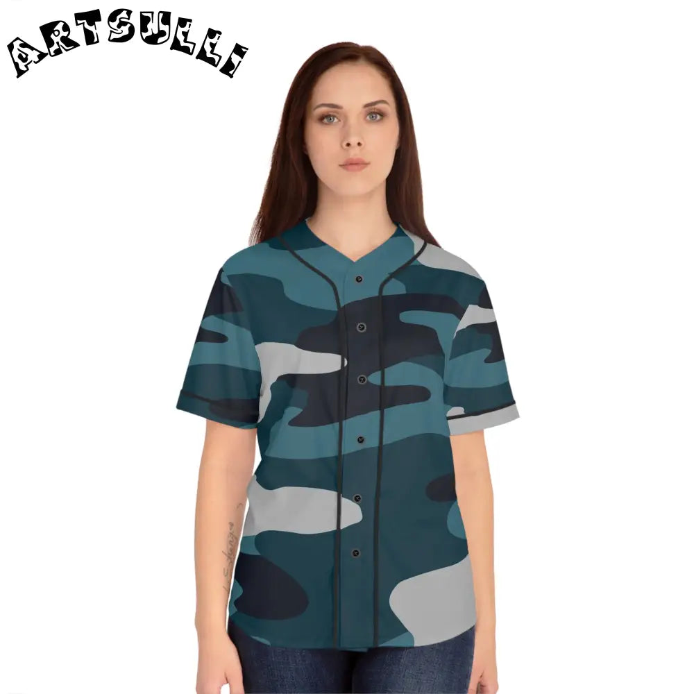 JAKKOUTTHEBXX Blue Camouflage Women’s Baseball Jersey (AOP)